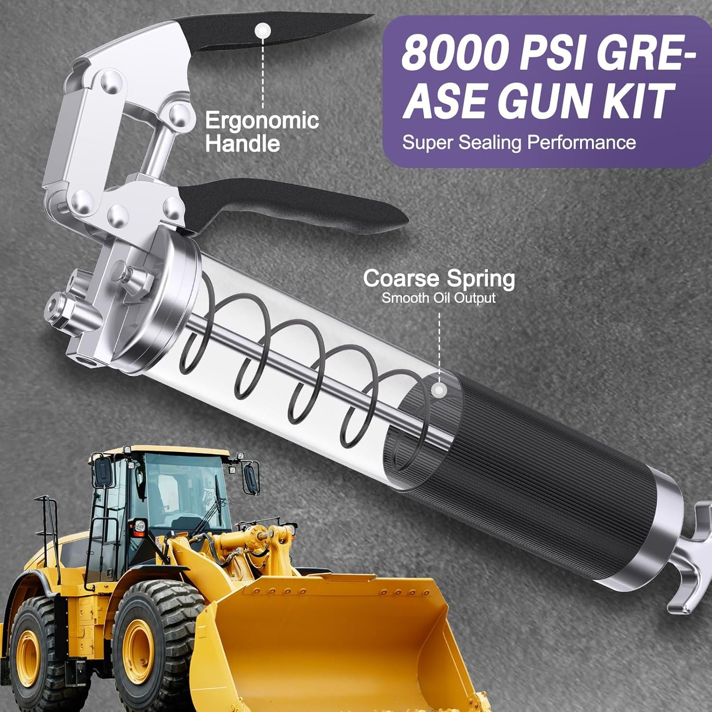 8000 PSI Heavy Duty Grease Gun Kit - 14oz with Flex Hose, Sharp Nozzle, Extension Pipe & Coupler, Red