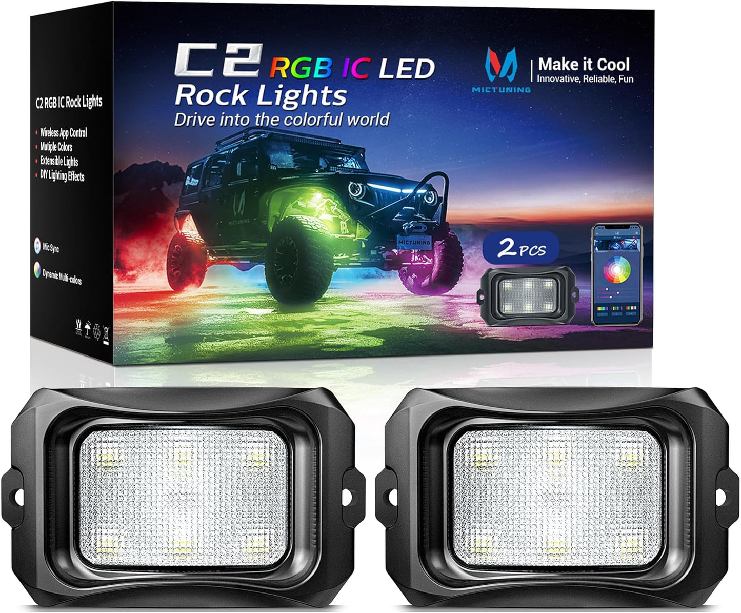 MICTUNING C2 Max RGB+IC Chasing Color LED Rock Lights - 2 pcs (Not inlcude Controller)