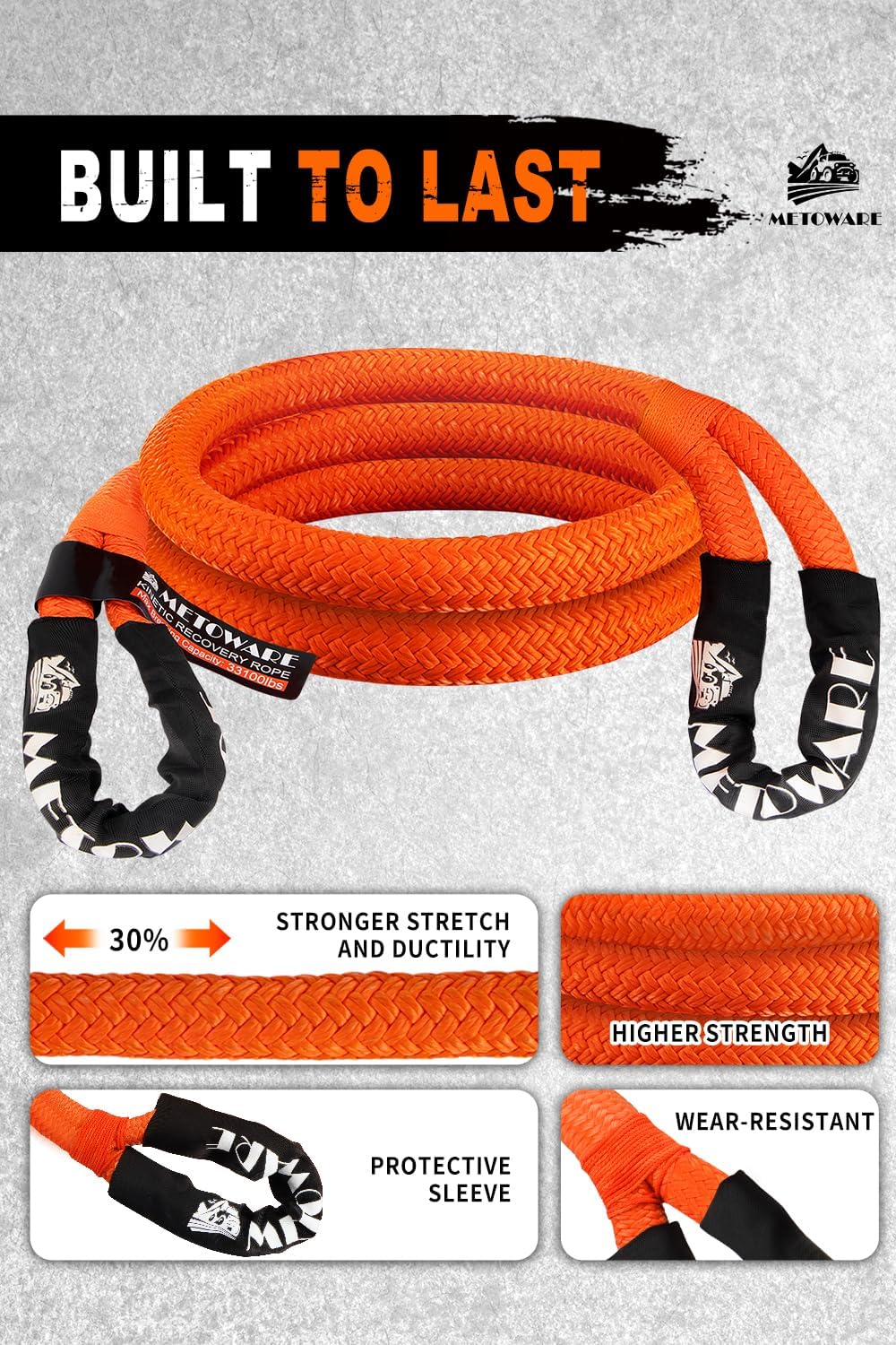 METOWARE Kinetic Recovery Rope (1’’ x 10ft) Offroad Tow Kit with 1/2inch x 22 Inch Soft Shackles，Heavy Duty Offroad Recovery Kit for UTV, ATV, Truck, Car