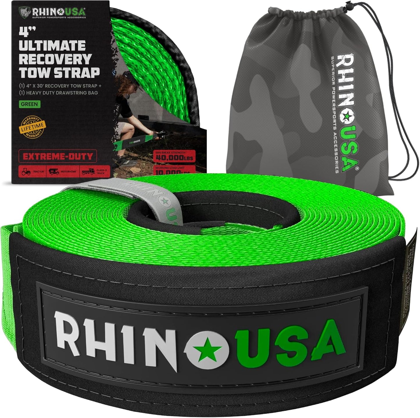 Rhino USA Recovery Tow Strap (4" x 30') - 40,320lb Break Strength - Emergency Recovery Strap Tow Rope for Diesel Trucks, Backhoe, Excavators & More - Heavy Duty Towing Strap for Offroad 4x4 Use