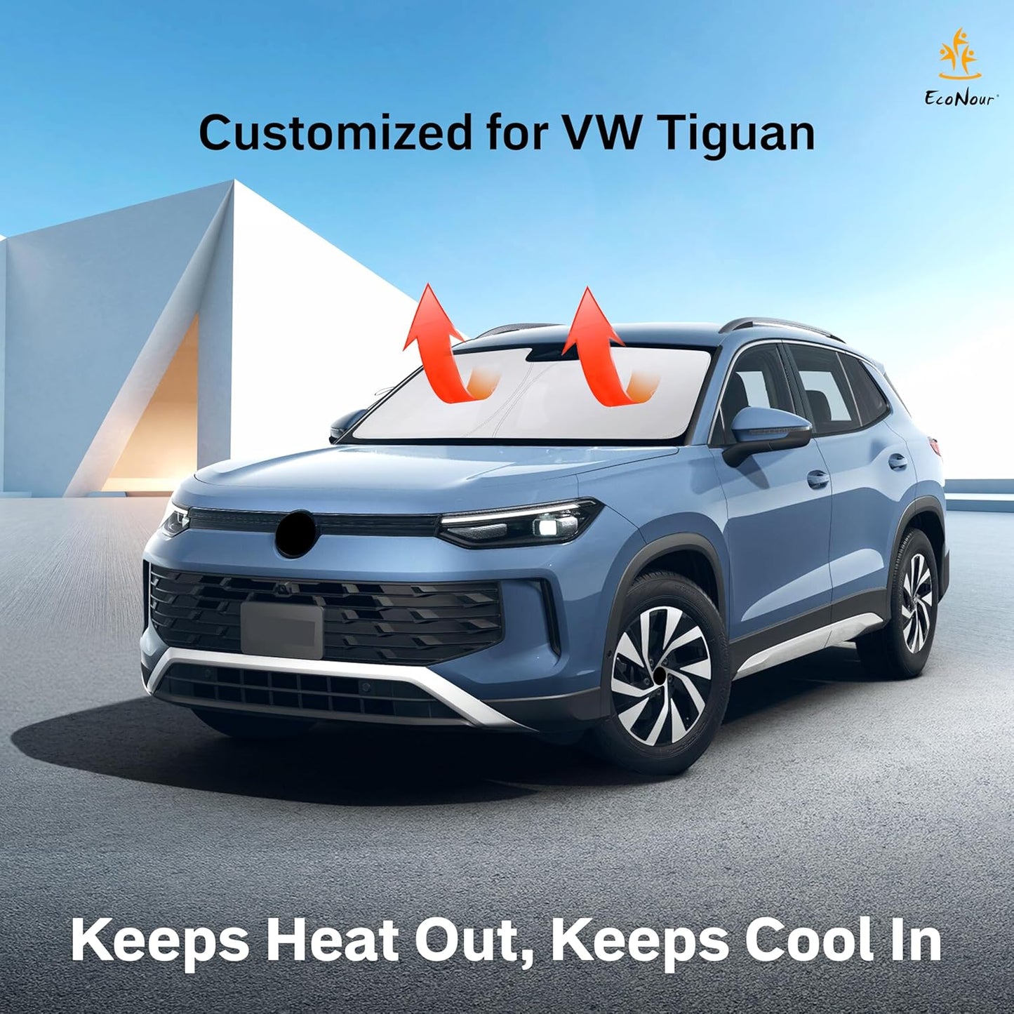 EcoNour Windshield Sun Shade Compatible for VW Tiguan (2018–2023) | Custom Fit Front Window Shade | 4-Layer, 240T Sunshade Accessories | UV & Heat Blocker for Tiguan Windshield