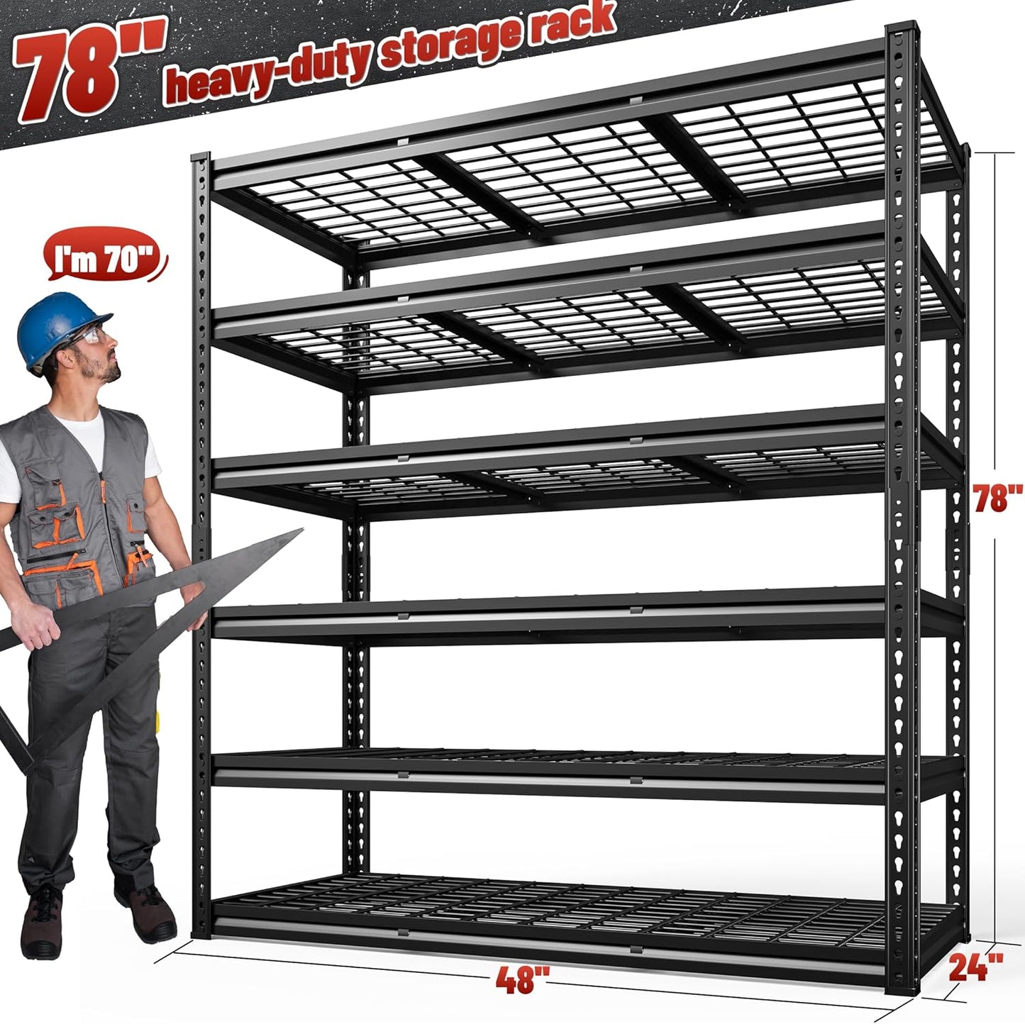 REIBII 3600LBS Garage Shelving 48" W Storage Shelves 6 Tier Garage Shelving Heavy Duty, Adjustable Metal Shelves for Warehouse, Basement, Pantry, 48" W x 24" D x 78" H
