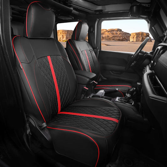 for Jeep Wrangler Seat Covers 4Door JL 2018 2019 2020 2021 2022 2023 2024 2025, Custom Car Seat Cover Full Set, Luxury Waterproof Leather Seat Protectors, Black Red Trim, W/O Rear Cup Holder
