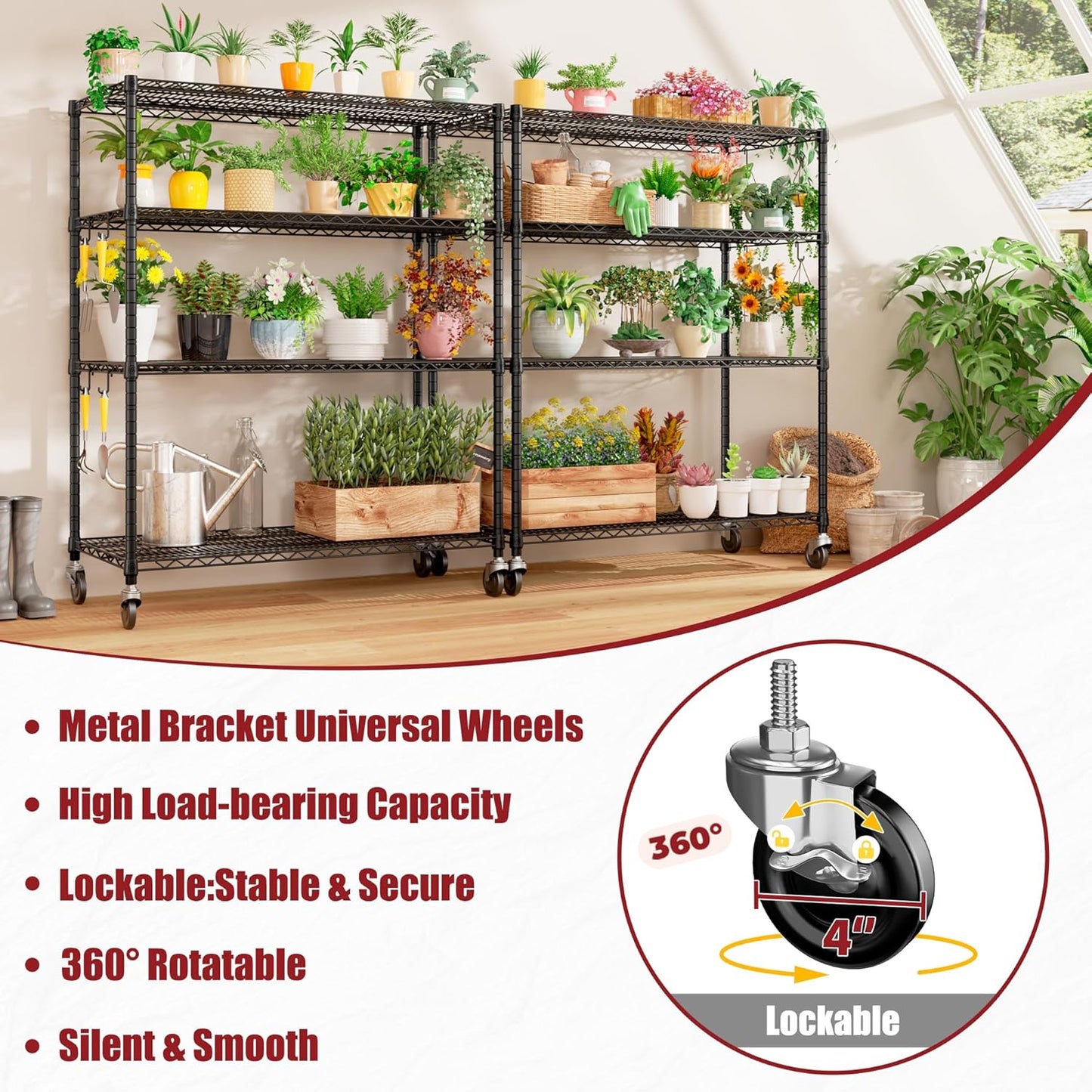 PrimeZone 3 Packs 55.5" W x 24" D x 80" H Heavy Duty Wire Storage Shelves with Wheels, 4 Tier Adjustable NSF Certified Garage Shelving Unit, Rolling Metal Organizer Shelf Rack for Warehouse, Pantry