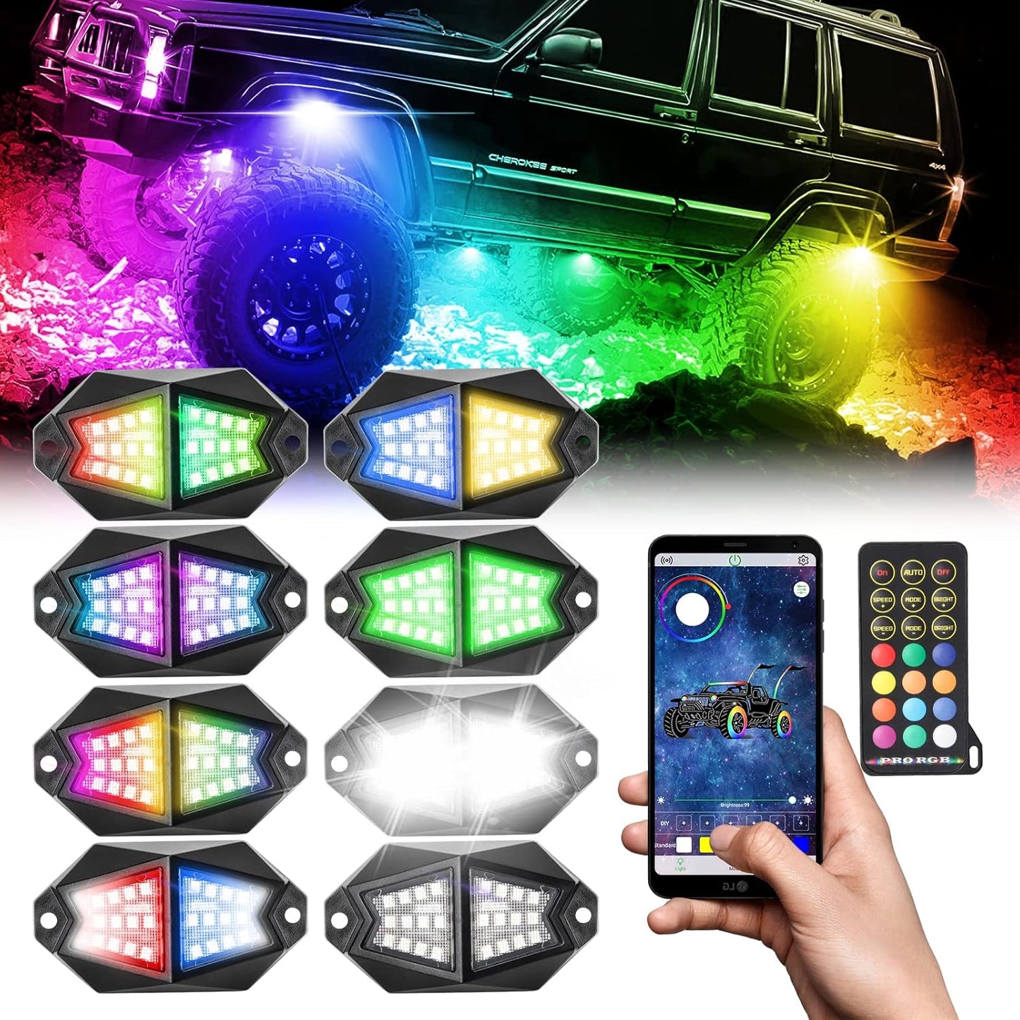OPP ULITE Dream Chasing Color Led Rock Lights, 210° Luminous RGB & Pure White, Smartphone APP & RF Remote Control RGBW Underglow Interior Light for Jeep Truck SUV Car JK UTV ATV RZR Offroad Boat, 8Pod