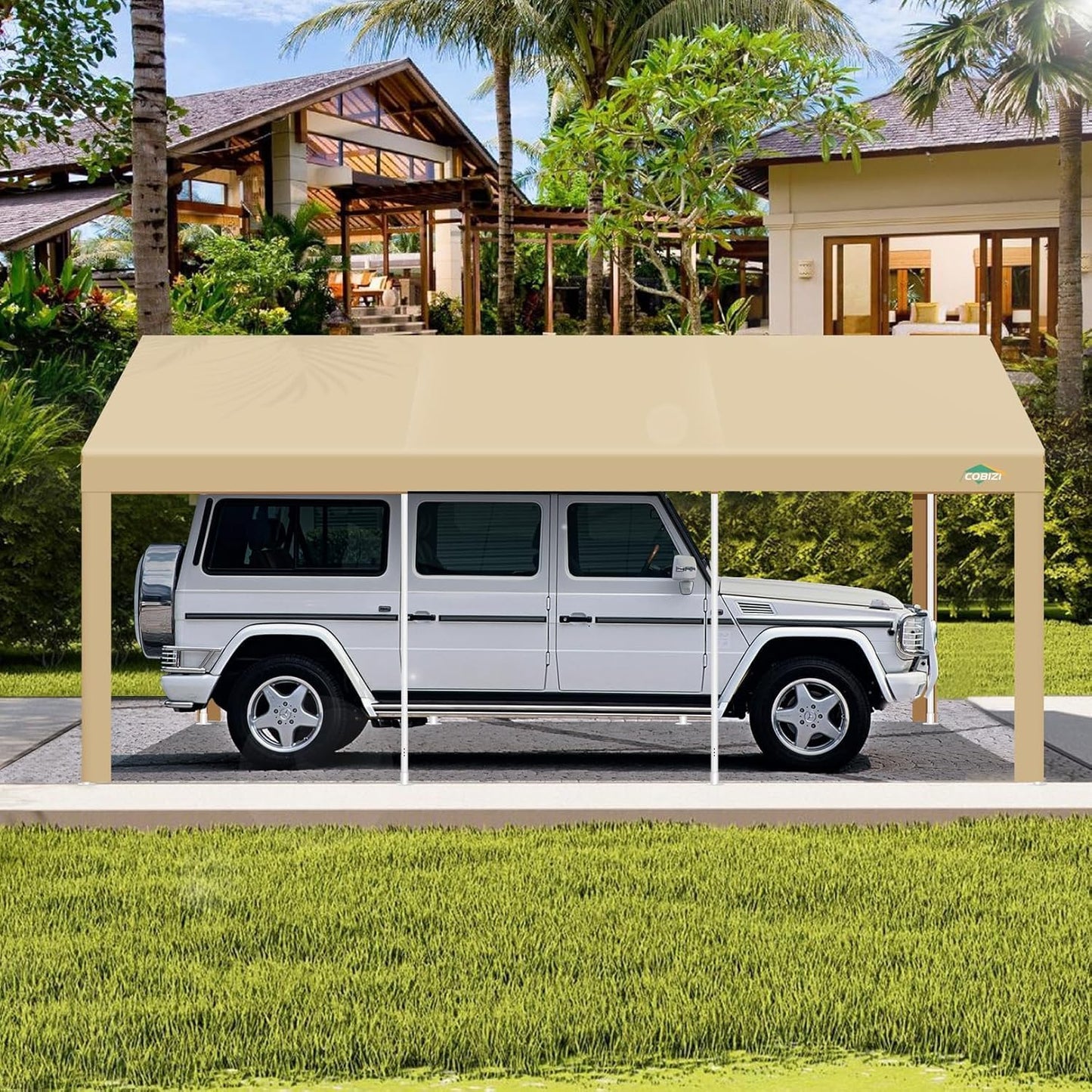 COBIZI Carport 10x20ft Heavy Duty Portable Garage, 2.0 Powder Coated Frame(Better Than Galvanized), Waterproof Shelter with Built-in Sandbags, for Car/Boat/SUV, Khaki