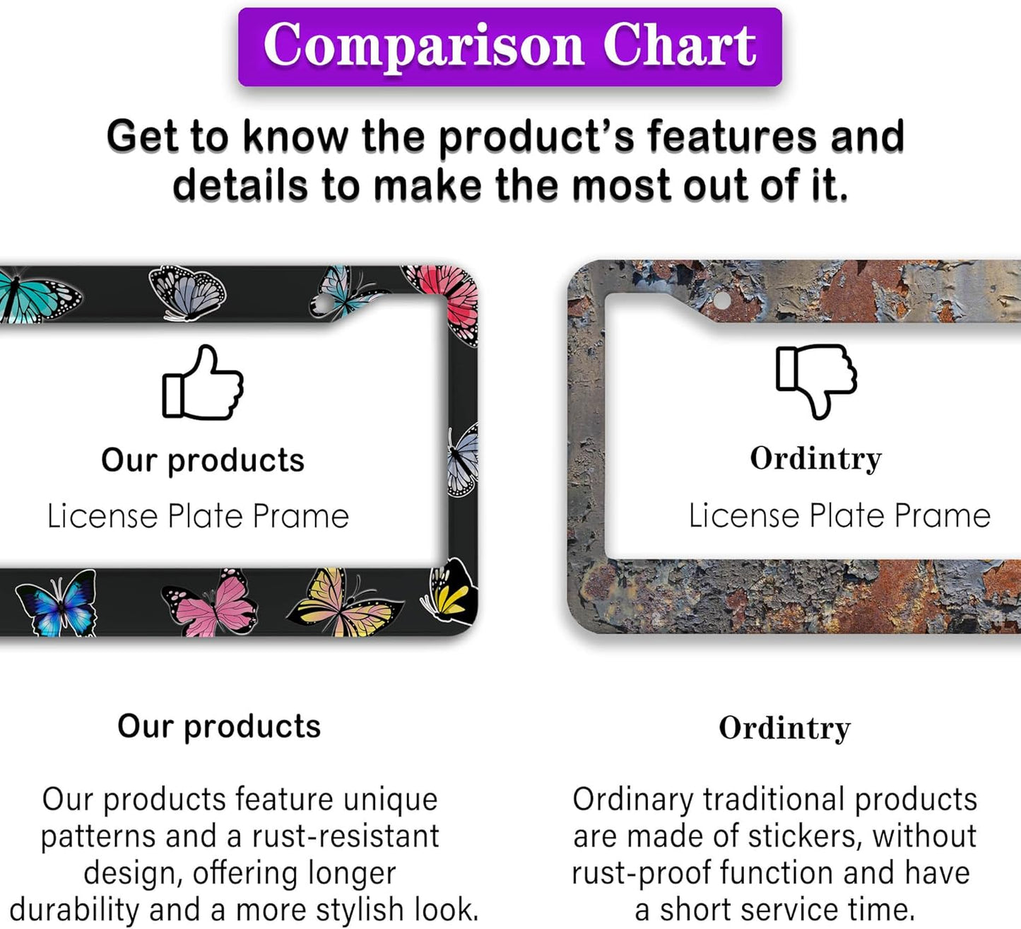 License Plate Frames for Women Multicolor License Plate Frame Holder for Men Butterfly Aluminum Metal Car Accessory 2 Pack with Screw Covers Set