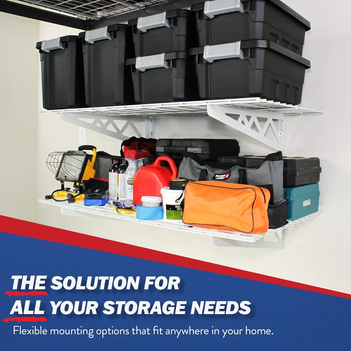 SafeRacks Garage Wall Shelves - 2 Pack Combo Set with 4 Hanging Hooks