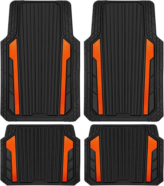 CAR PASS Heavy Duty Rubber Car Mats Metallic, Aluminum Film All Weather Floor Mats Waterproof Universal Trim to Fit SUVs Sedans Vans 4 Piece Anodized Deep Dish Two-Tone Sporty Black Orange Chrome