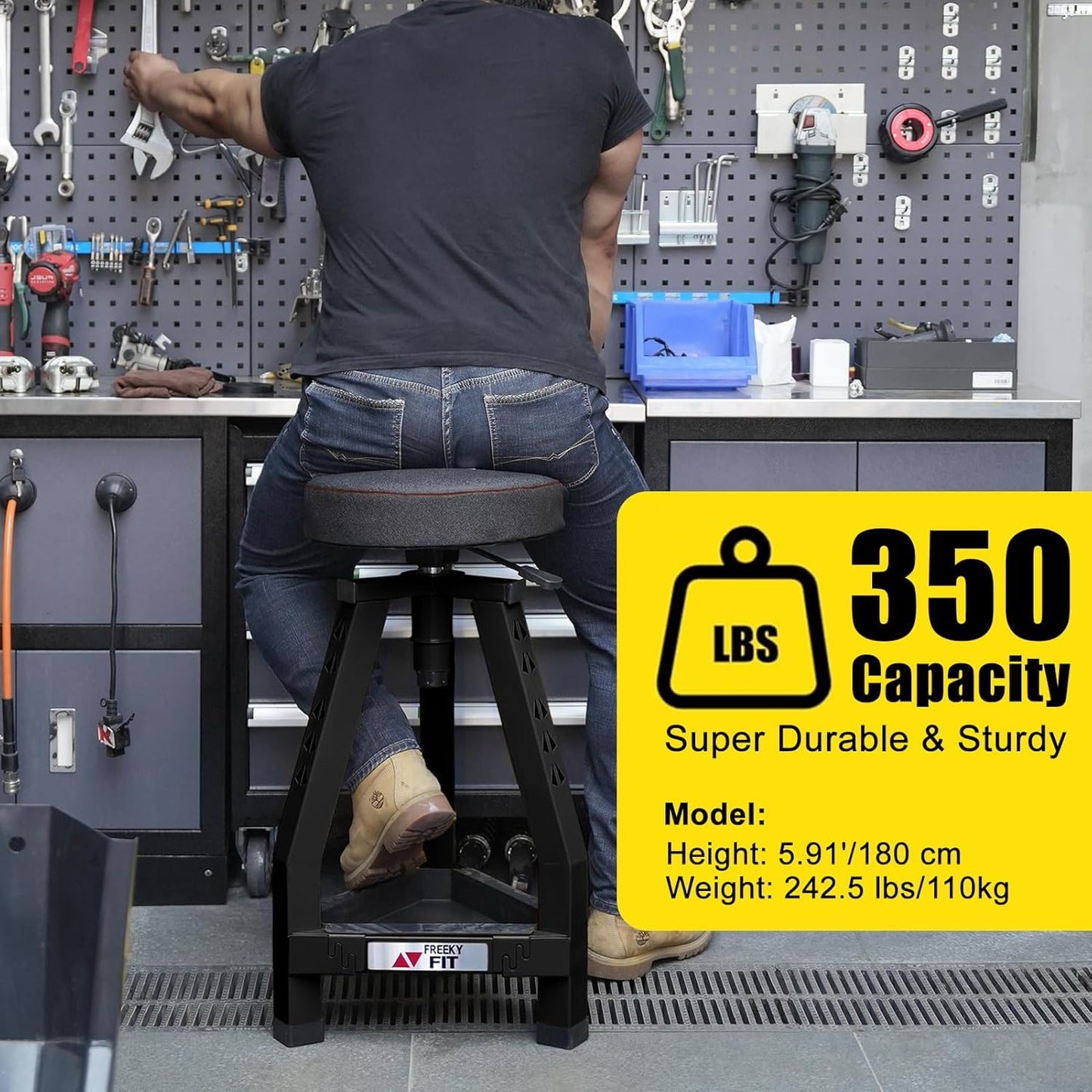 Adjustable Tall Shop Stool, Mechanic Garage Bar Stool Chair, Work Metal Chair for Workshop,360° Swivel Padded Seat, Tool Tray Storage, 350 LBS Capacity, Heavy Duty, Black