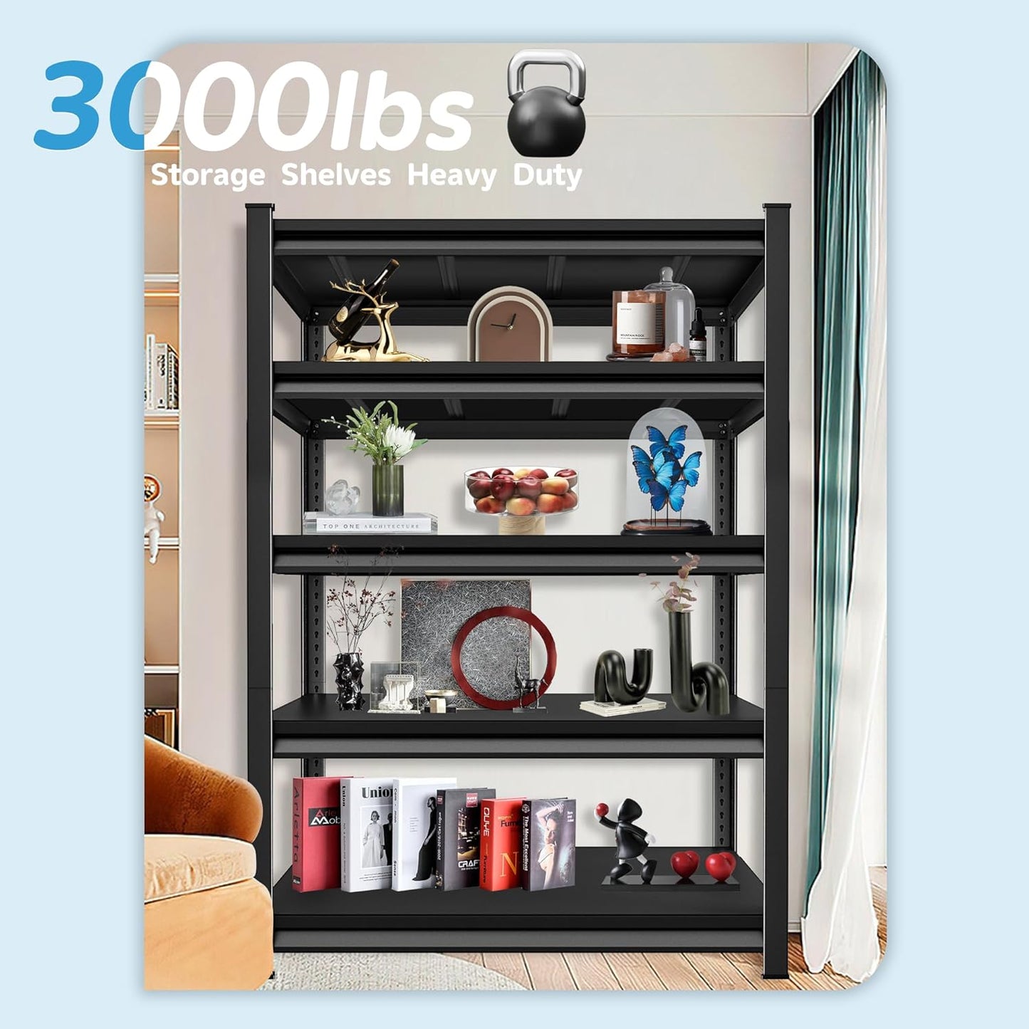 3000LBS Garage Storage Shelves Heavy Duty, 48" W x 24" D x 78" H,5-Tier Garage Shelving Heavy Duty, Industrial Metal Shelving Units for Garage, Basement,Fish Tank,Black