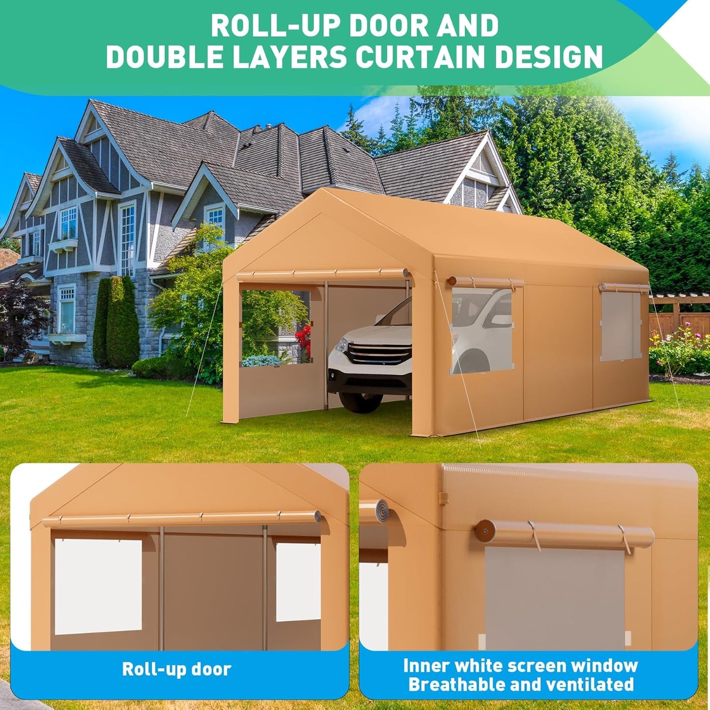 10X20 Ft Heavy Duty Carport Canopy, Portable Garage, Car Tents, Easy to Assemble, Reinforced Structure, with Hanging Edge, Applicable to Car, Bike, Boat, Party (Yellow)