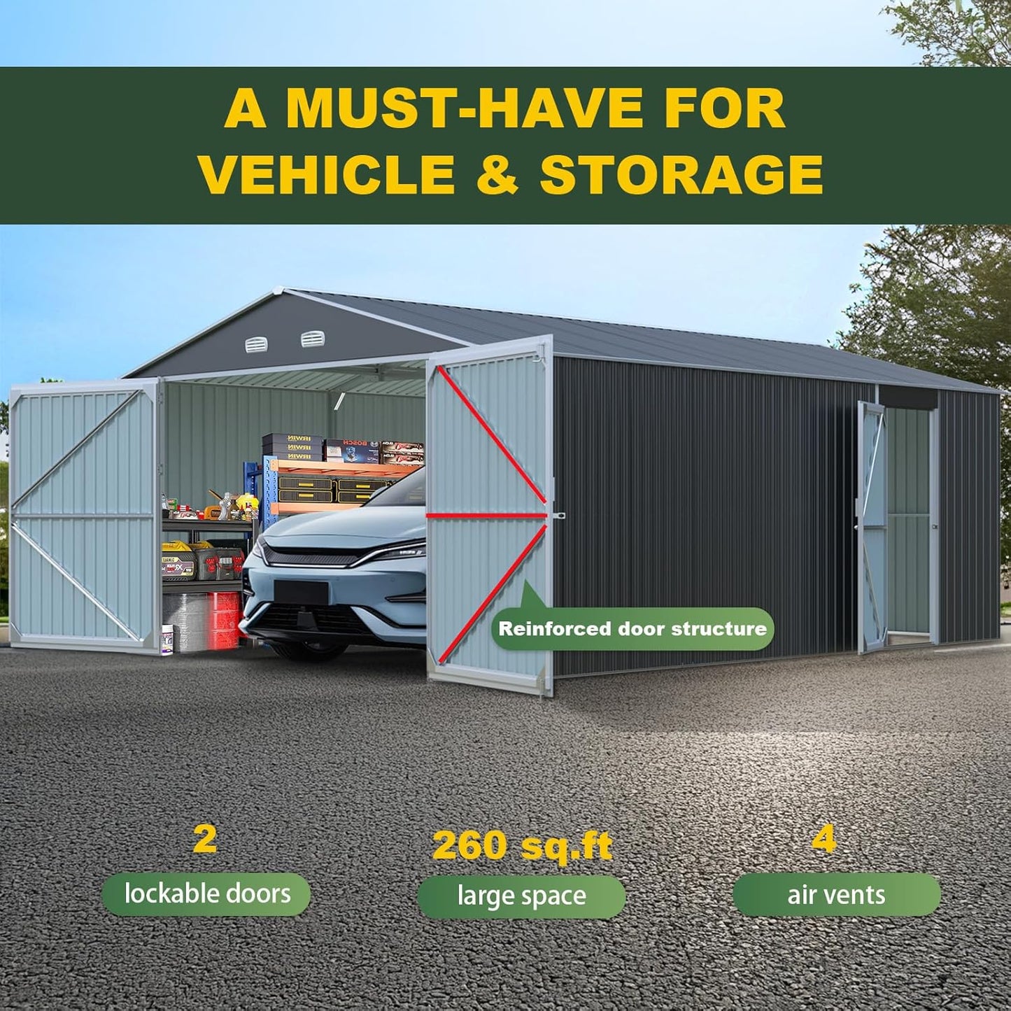 Metal Garage Shed 20x13 FT, Sheds & Outdoor Storage Clearance, Outdoor Storage Shed for Car, Truck, Bike, Lawnmower, Backyard Tool House Building 2 Doors and 4 Vents Dark Gray