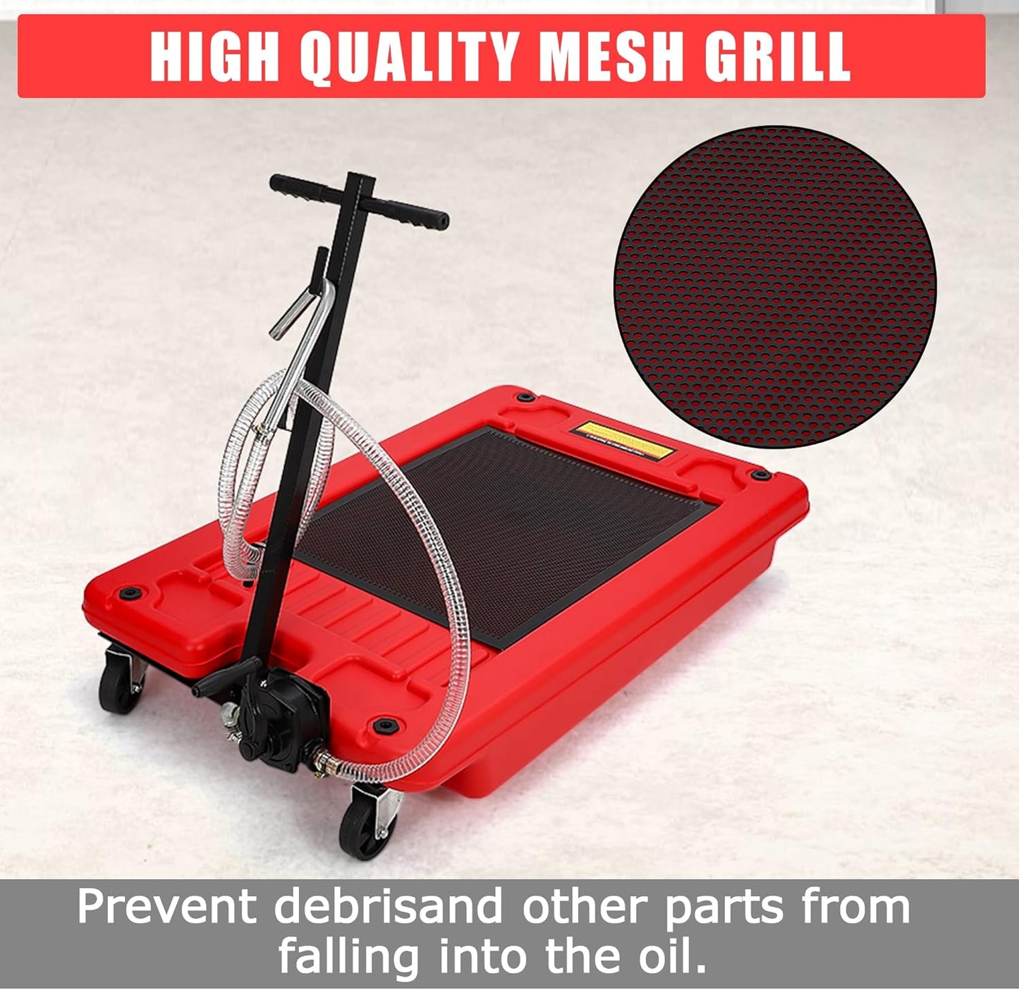 ‌17 Gal Low Profile Oil Drain Pan, Heavy Duty Mobile Oil Changing Pan with Hand Pump, 8 Ft Hose & Quick Drain Valve, Leak-Proof Design for Truck Car Motorcycle, Garage Workshop Use