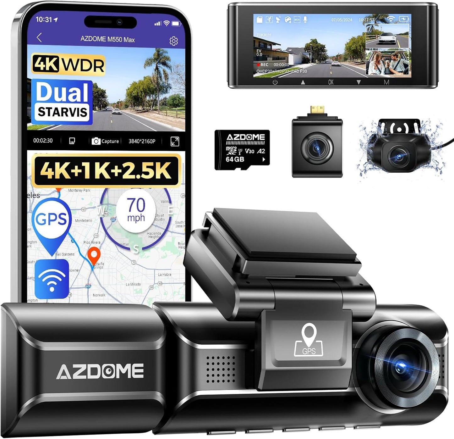 AZDOME M550 Max 4K 3 Channel Dash Cam, Dual STARVIS Sensors, 4K+2.5K+1080P Front and Rear Inside Triple Car Camera, Built-in WiFi GPS, 64GB Card Included, IR Night Vision, WDR, 24H Parking Mode
