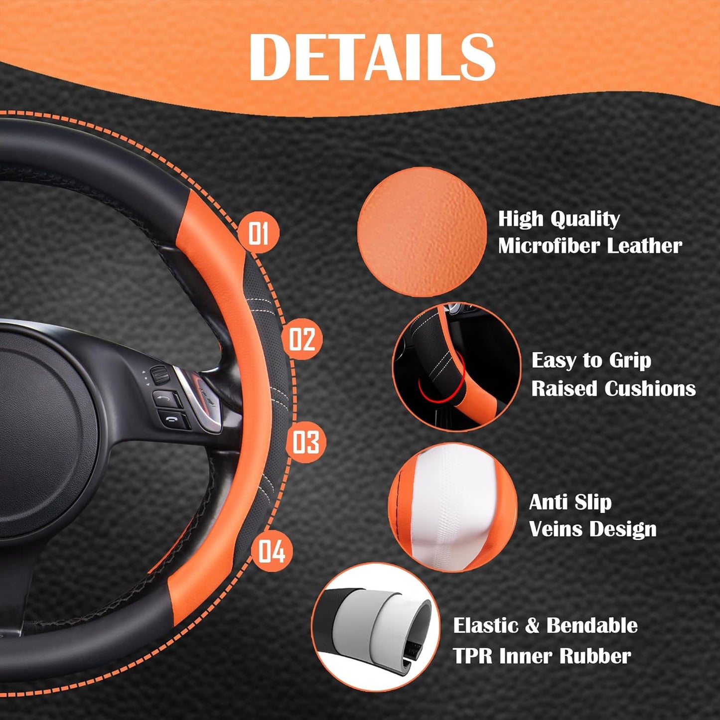 CAR PASS Line Rider Microfiber Leather Sporty Steering Wheel Cover Universal Fits for 95% Truck,SUV,Cars,14.5-15inch Anti-Slip Safety Comfortable Desgin (Black-Orange)