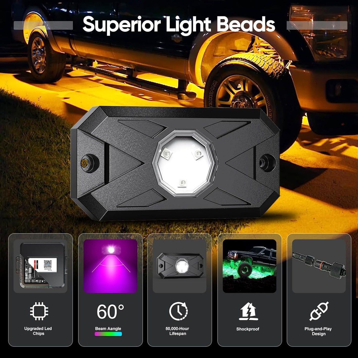YiLaie RGB LED Rock Lights Kit, 6 Pods Underglow Multicolor Neon Light with App/RF Remote Control, Flashing Music Mode, Multicolor Wheel Well Light for Trucks ATV UTV RZR SUV Golf