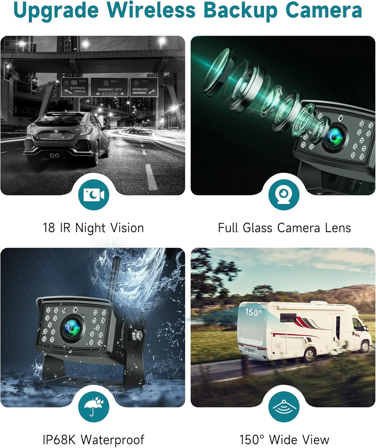 Wireless Backup Camera for RV, 7" IPS Monitor Kit AHD Rear View Camera Waterproof Night Vision DVR Recording, Wireless Reverse Camera 12V-36V for Truck/Trailer/RV/Camper/Excavator/Caravan