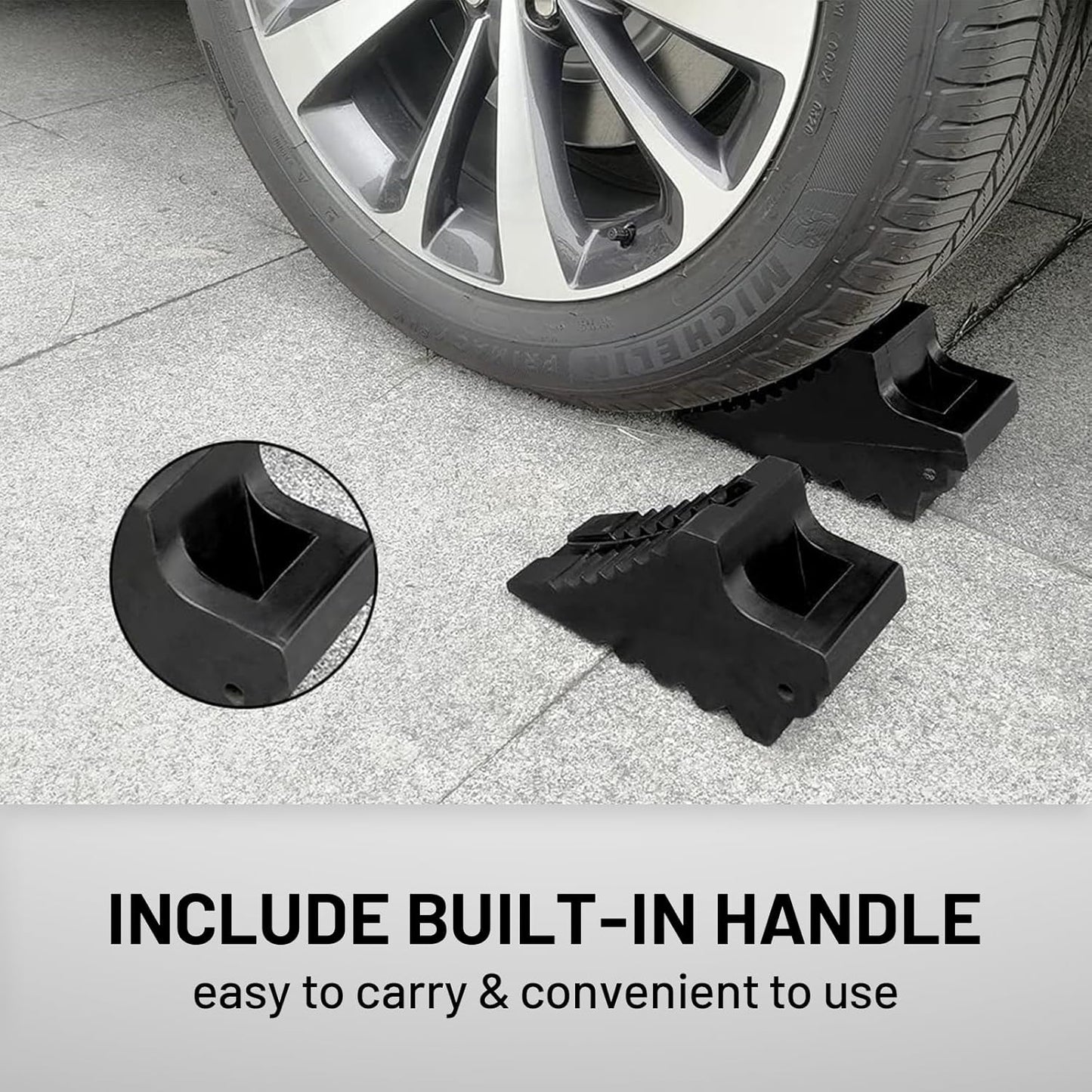 ROBLOCK Solid Rubber Wheel Chocks Heavy Duty Trailer Chock, G.V.W. Up to 8T, 4 Pack Black, 8.6" L x 3.7 W x 4.7" H for Car, Travel Trailers, RV, Truck, and ATV, for All Weather Use
