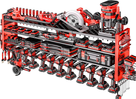 49.8" W Large Power Tool Organizer Wall Mount, Heavy Duty Tool Organizer with 14 cordless Drill Holder, 4 Layers Garage Organization and Storage Rack, Tool Rack for Garage Workshop, Red