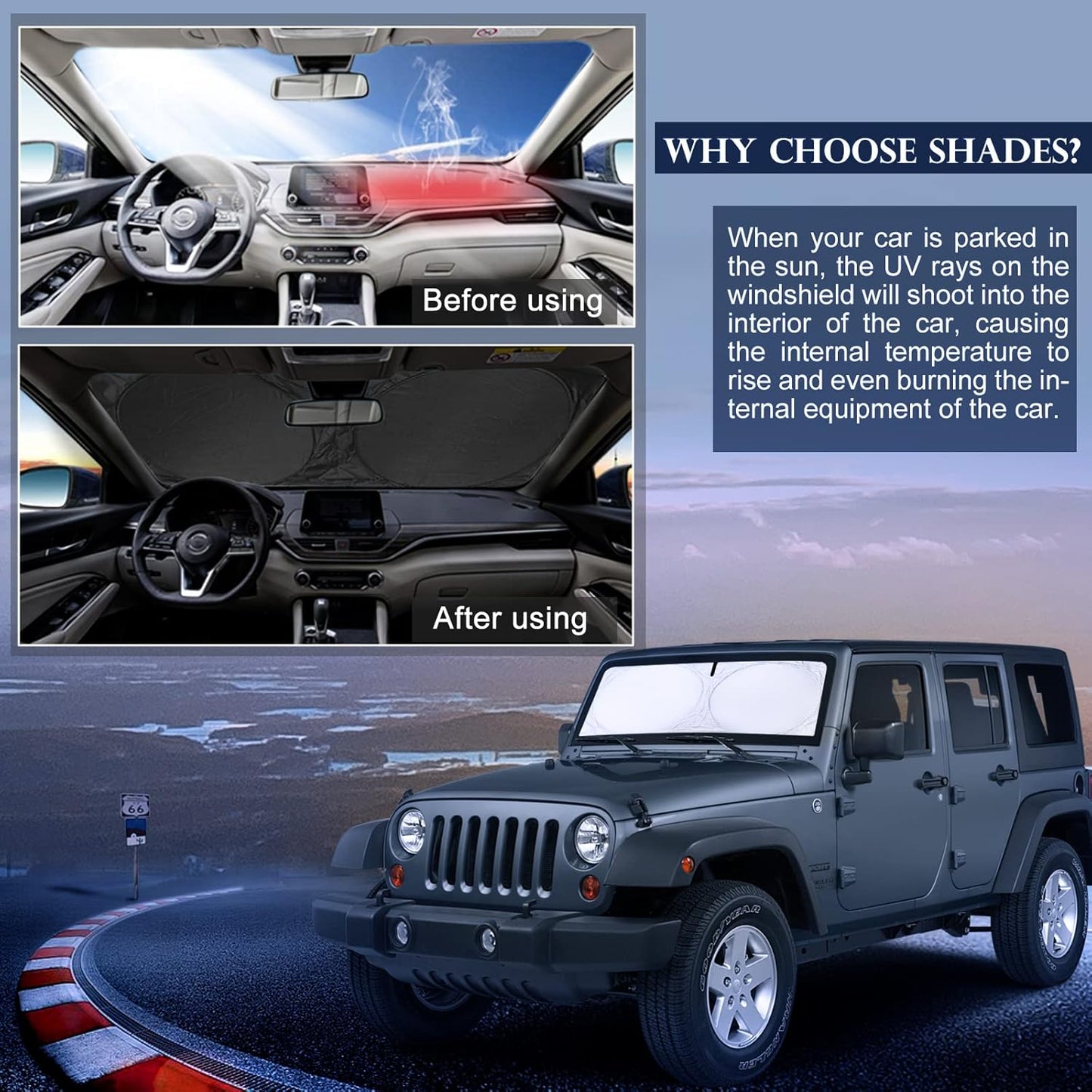 Sunshade Sun Shade for 2018-2024 2025 Jeep Wrangler JL JLu JK JKU Windshield Cover Custom Fit 2020-2025 2026 Jeep Gladiator Front Window Shields Protector 210T Reflective Blocks UV Rays Keep Cool