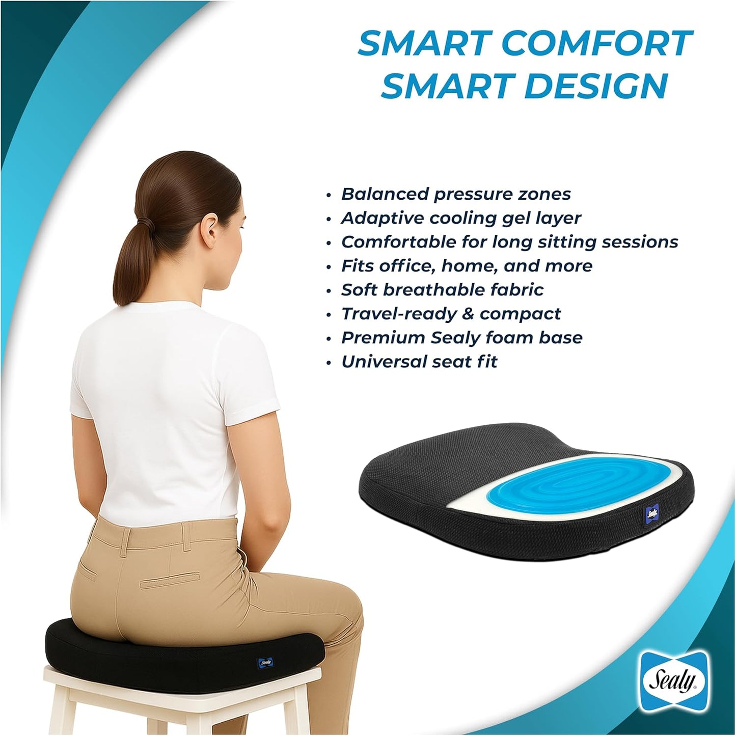 Sealy Memory Foam Car Seat Cushion – Gel Seat Cushions for Office Chairs, Tailbone Pain Relief Cushion, Cooling Pillow, Slim Fit Car Seat