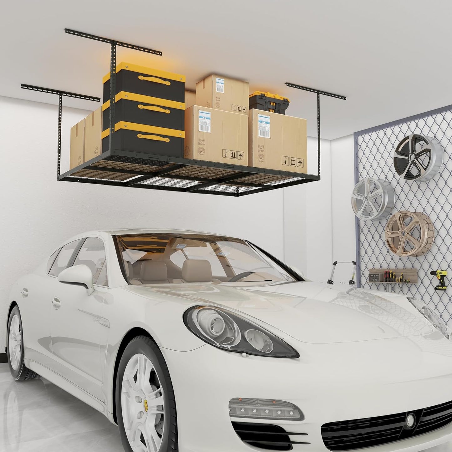 4x6ft Overhead Garage Storage Rack, Heavy Duty Metal Ceiling Shelf, 22'' to 40" Adjustable Dropdown, 450lbs Loading Weight Capacity, Black