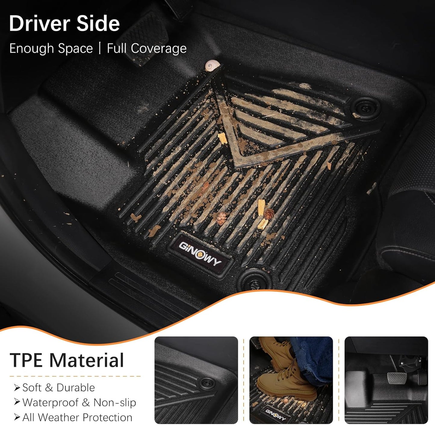 GINOWY-Floor Mats for Chevy Colorado 2023 2024 2025 Crew Cab &GMC Canyon, TPE All Weather Protection Floor Liners for Colorado 2024, Non-Slip Durable Waterproof Custom Fit Accessories, Black