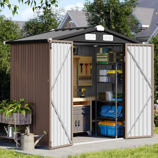 Aoxun 6x3.9 FT Shed Metal Outdoor Storage Shed Garden Shed with Lockable Doors Tool Shed Bike Shed for Backyard, Patio, Poolside (Brown)
