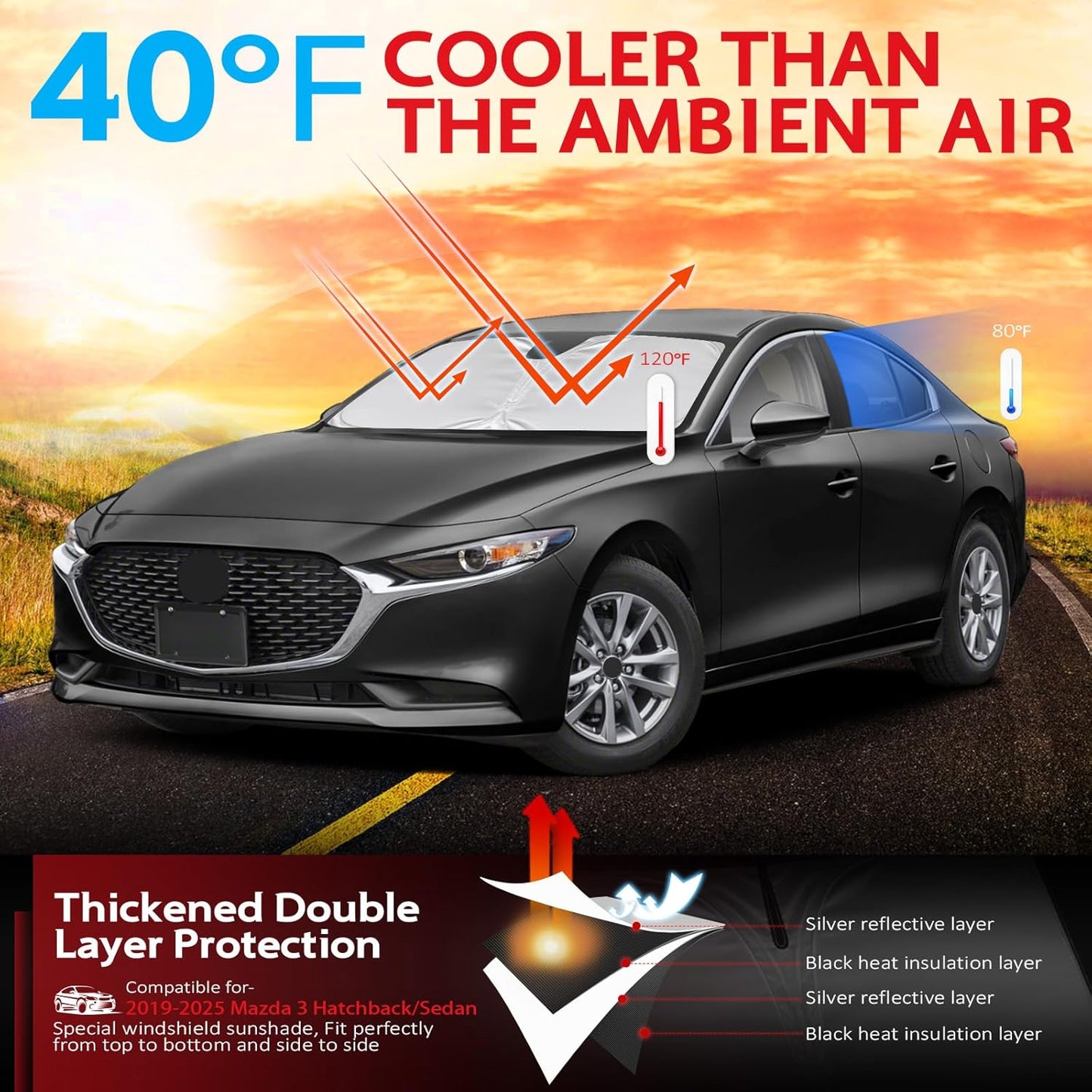 KAYZT Windshield Sun Shade for 2019-2025 2026 Mazda 3 Hatchback Sedan Foldable Sunshade Front Window Custom Fit Car Accessories