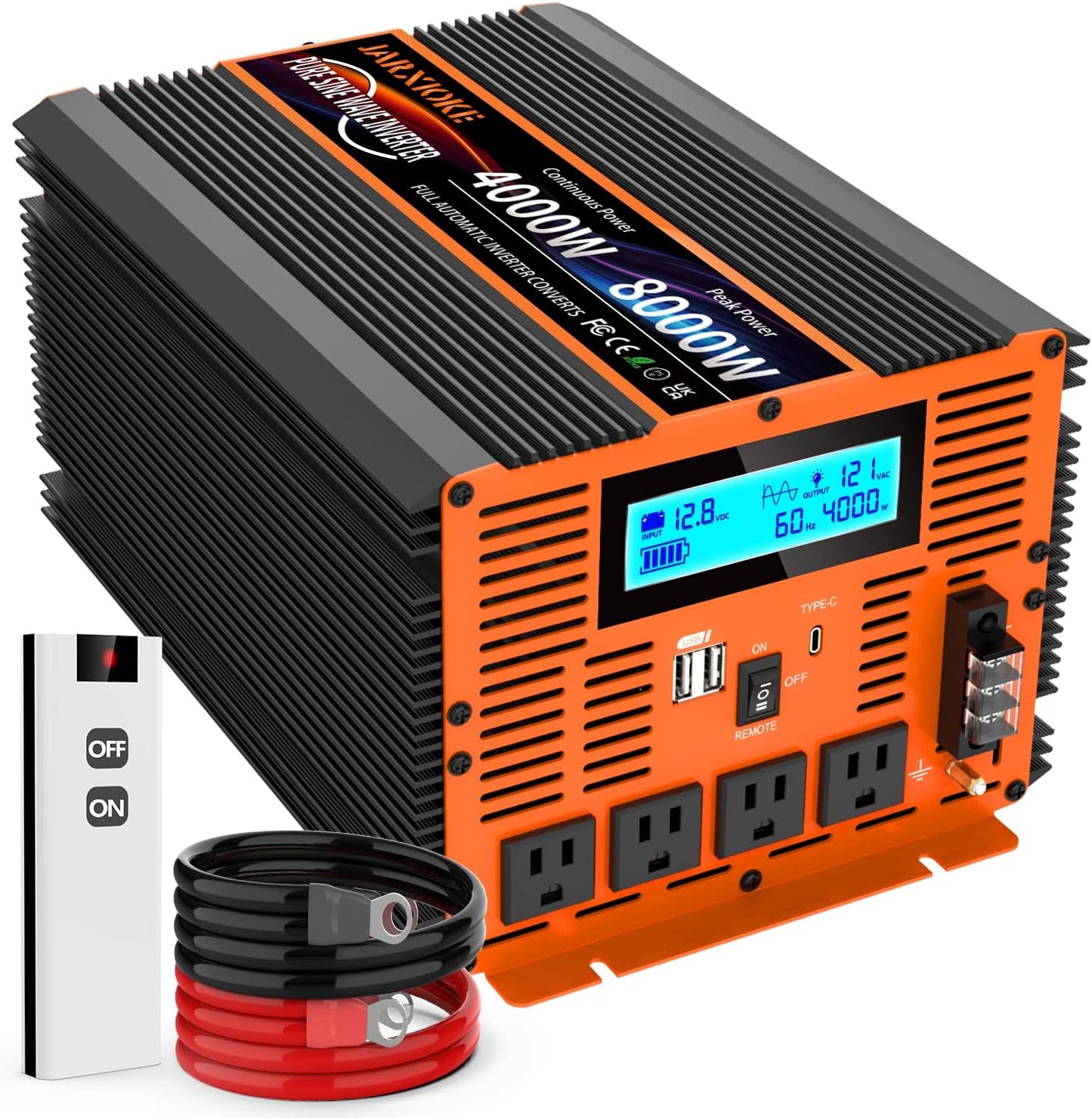 4000 Watt Pure Sine Wave Power Inverter 12V DC to 110V 120V Converter for Family RV Off Grid Solar System Car with Type-C Ports 4 AC Power Outlets Dual USB Ports LCD Display and Remote Control
