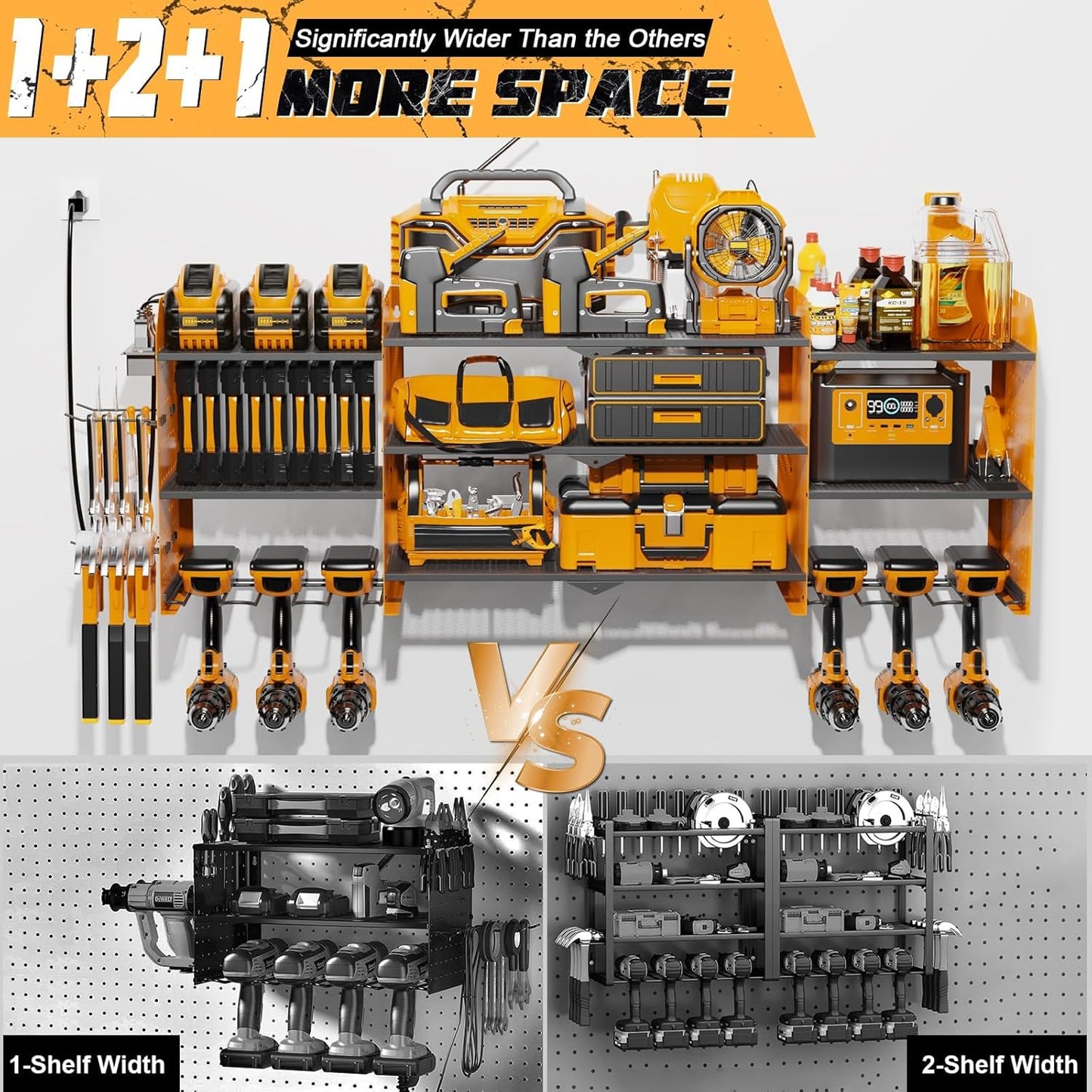Power Tool Organizer Wall Mount with Charging Station, 45.5" Garage Organization Wall Mounted, 3 Layers Electric Cordless Drill Holder with Outlet Power Strips, Garage Tool Storage for Impact Wrenches