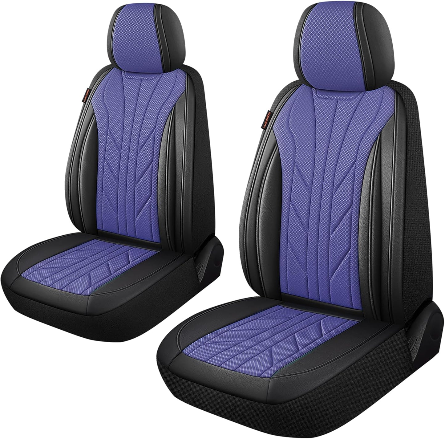 CAROMOP Luxury Faux Leather&Fabric Car Seat Covers 2 Front Seats with Breathable 3D Foam Back Support, Universal Seat Covers for Cars,Trucks,SUVs, Front Armrests Compatible(Black/Blue)