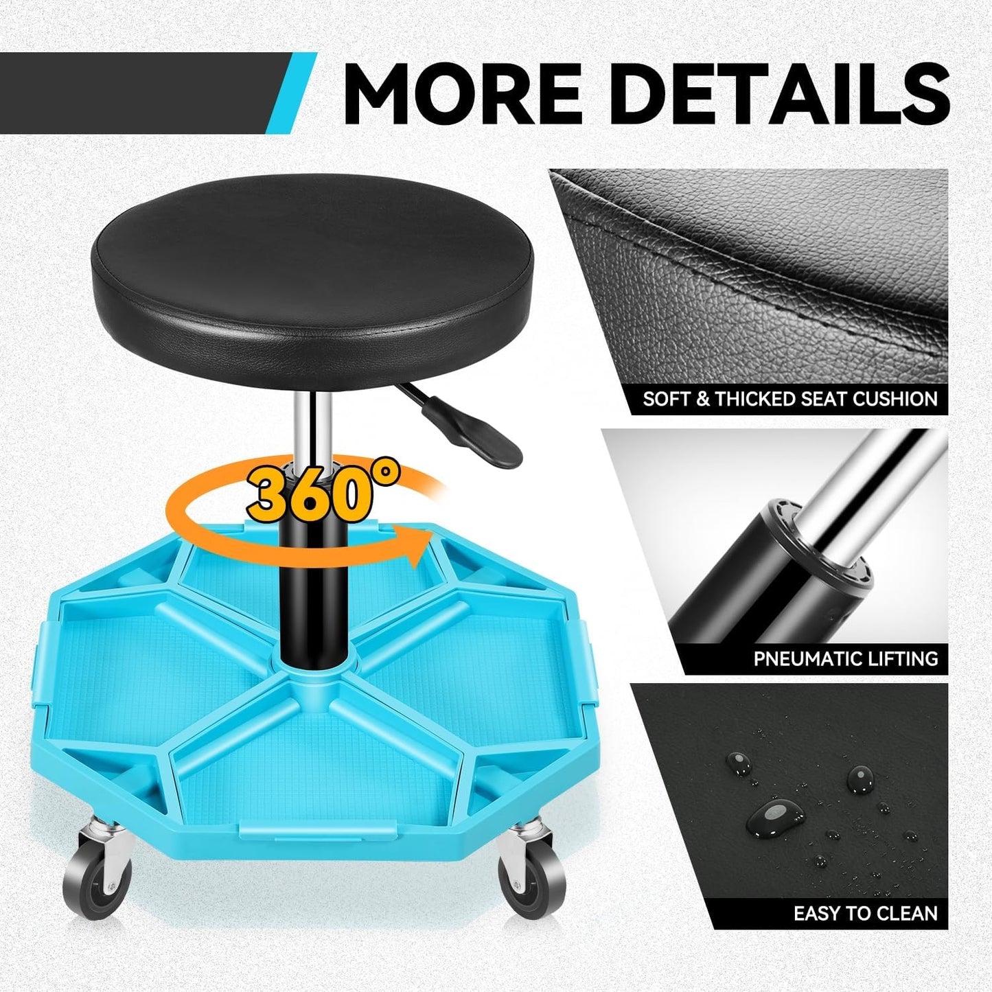 Auto Dynasty Mechanic Stool, Adjustable Rolling Pneumatic Creeper Garage Shop Seat with Tool Tray, 300 LBS Roller Seat for Workshop Auto Repair, Adjustable Height 15.7" to 21", Black/Blue