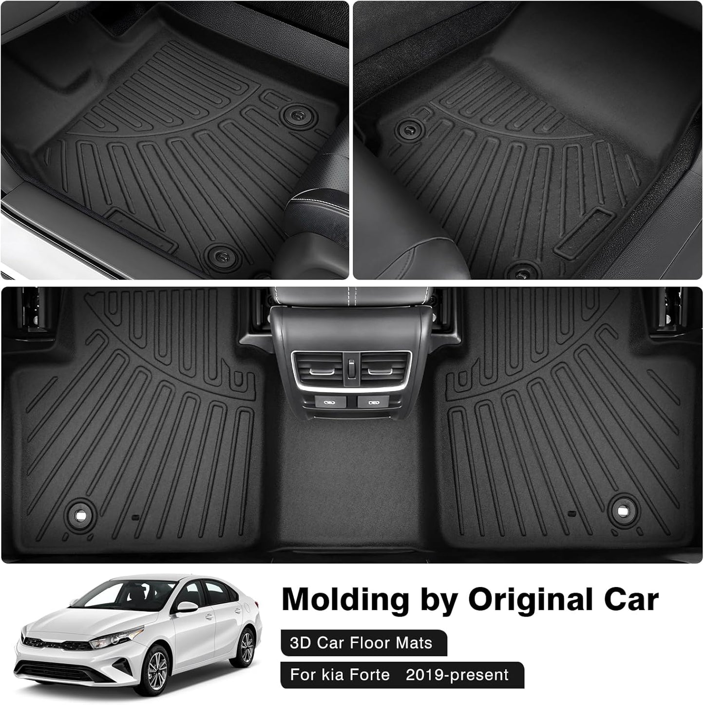 Powerty Floor Mats for 2019-2022 2023 2024 Kia Forte Accessories All Weather Floor Liner 3D TPE 1st & 2nd Row Floor Mat Heavy-Duty Floor Liners