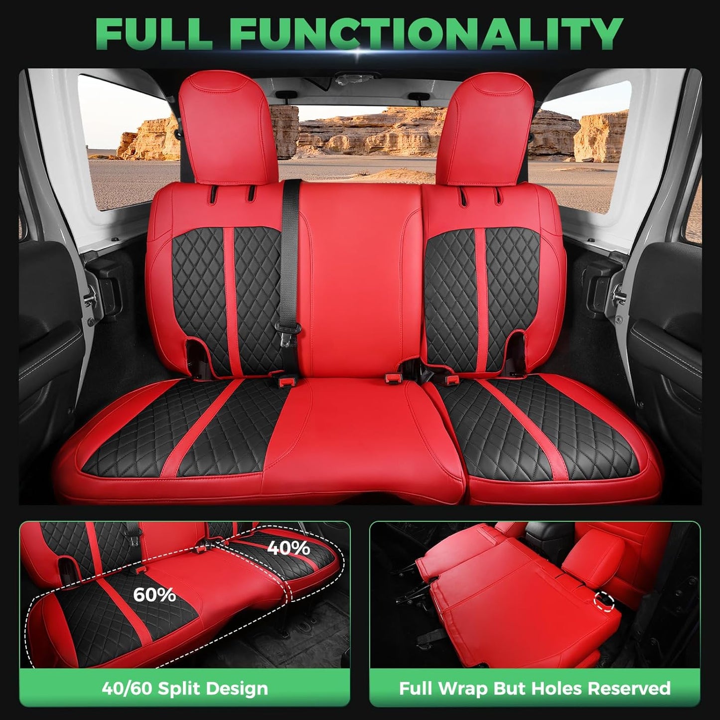 for Jeep Wrangler Seat Covers 4Door JK 2013 2014 2015 2016 2017, Custom Fit Car Seat Cover Full Set, Luxury Leather Seat Protectors, Waterproof SUV Interior Cushions Accessories, Red Black