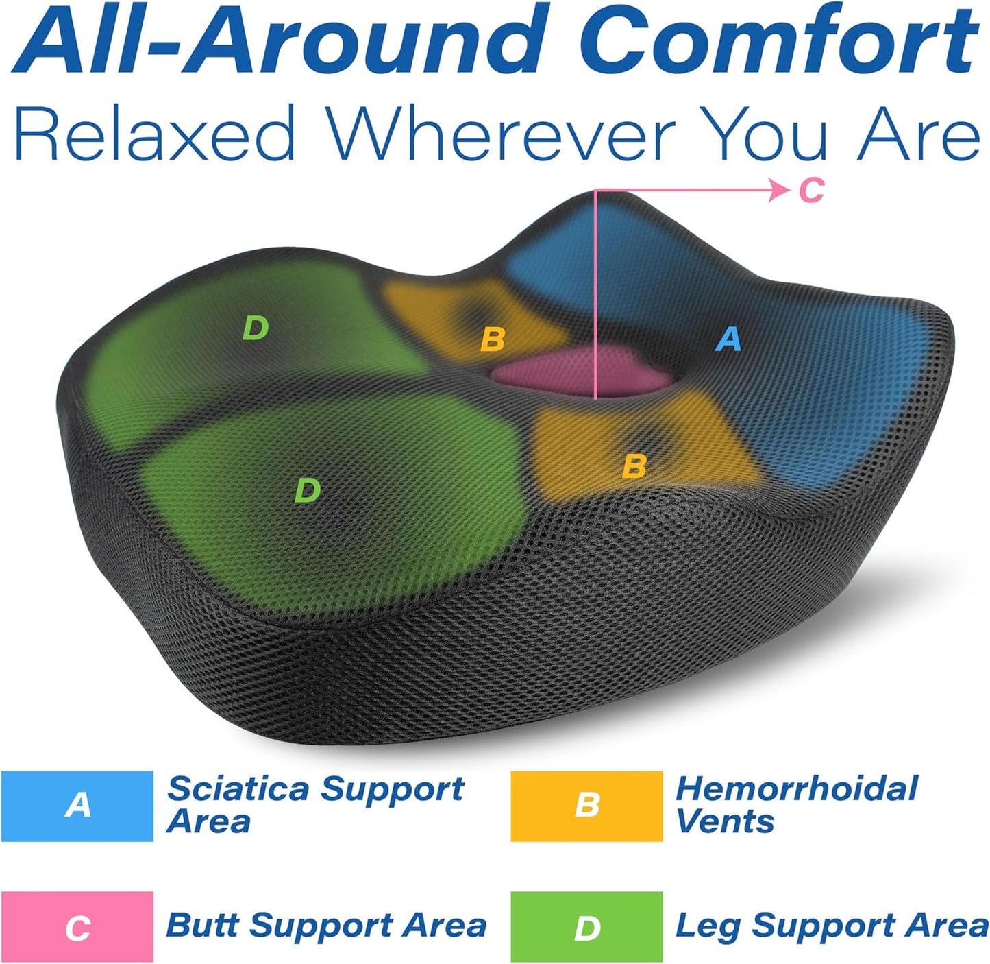 Car Seat Cushion, Ergonomic Memory Foam Car Cushion for Sciatica Pain Relief, Larger Driving Seat Pillow for Short Drivers on Long Drives - Butt Pillow for Truck, Office, Wheelchair - Classic Black