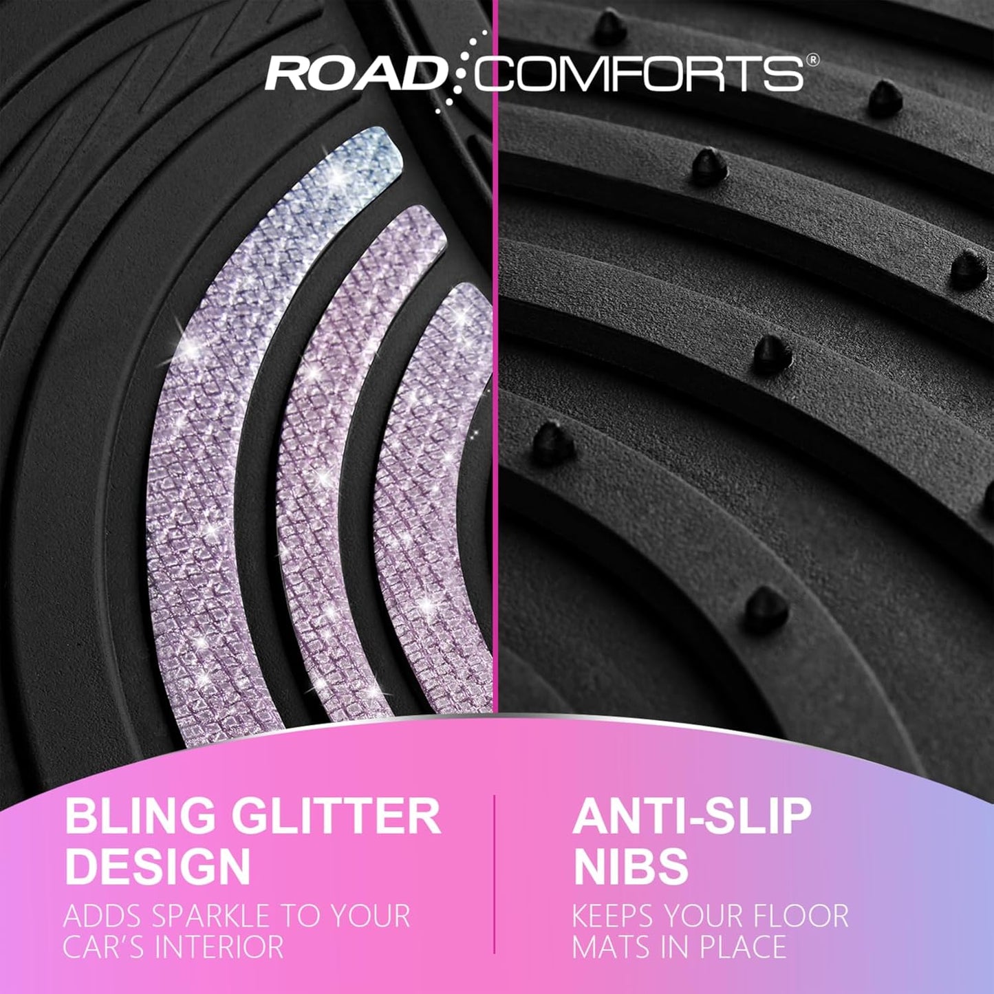 Road Comforts Car Floor Mats Full Set – Front & Rear Car Floor Mats with Aluminum Design, Anti-Slip Backing, All-Weather Protection, Trim-to-Fit Car Mats for Most Sedans, SUVs & Vans - Glitter