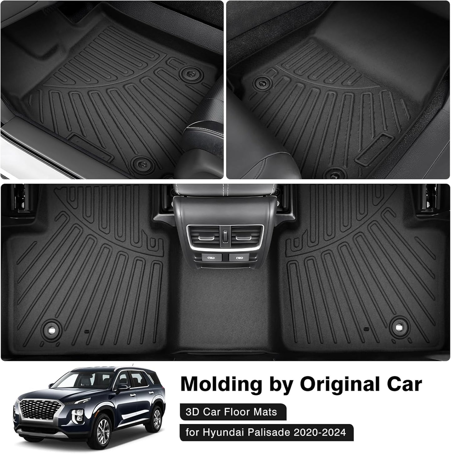 Powerty Floor Mats for 2020-2024 2025 Hyundai Palisade Accessories All Weather Floor Liner 3D TPE 1st & 2nd Row Floor Mat Heavy-Duty Floor Liners