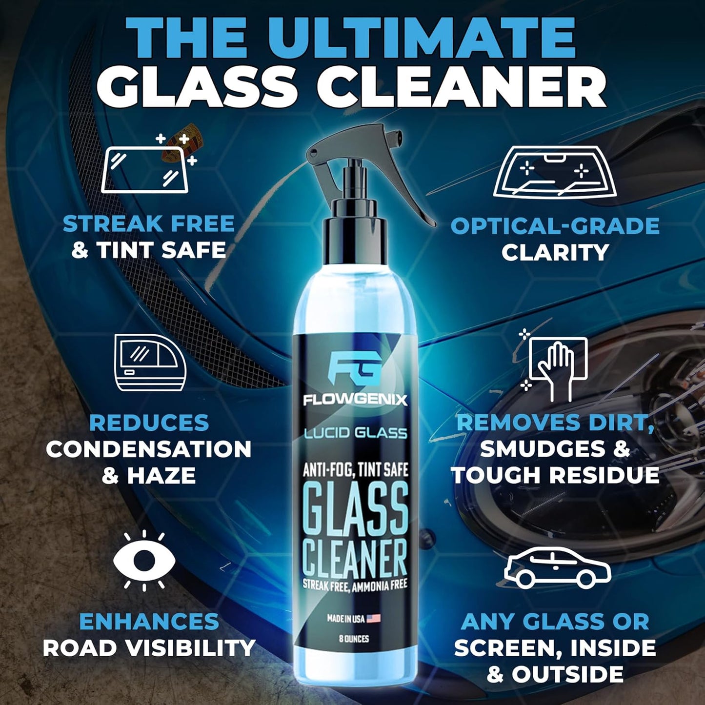Window and Glass Cleaner Streak Free for Cars - Ammonia Free, Tinted Window Safe, Auto Glass Cleaner for Windows, Mirrors, Navigation Screens; Car, Truck, SUV and Home Use