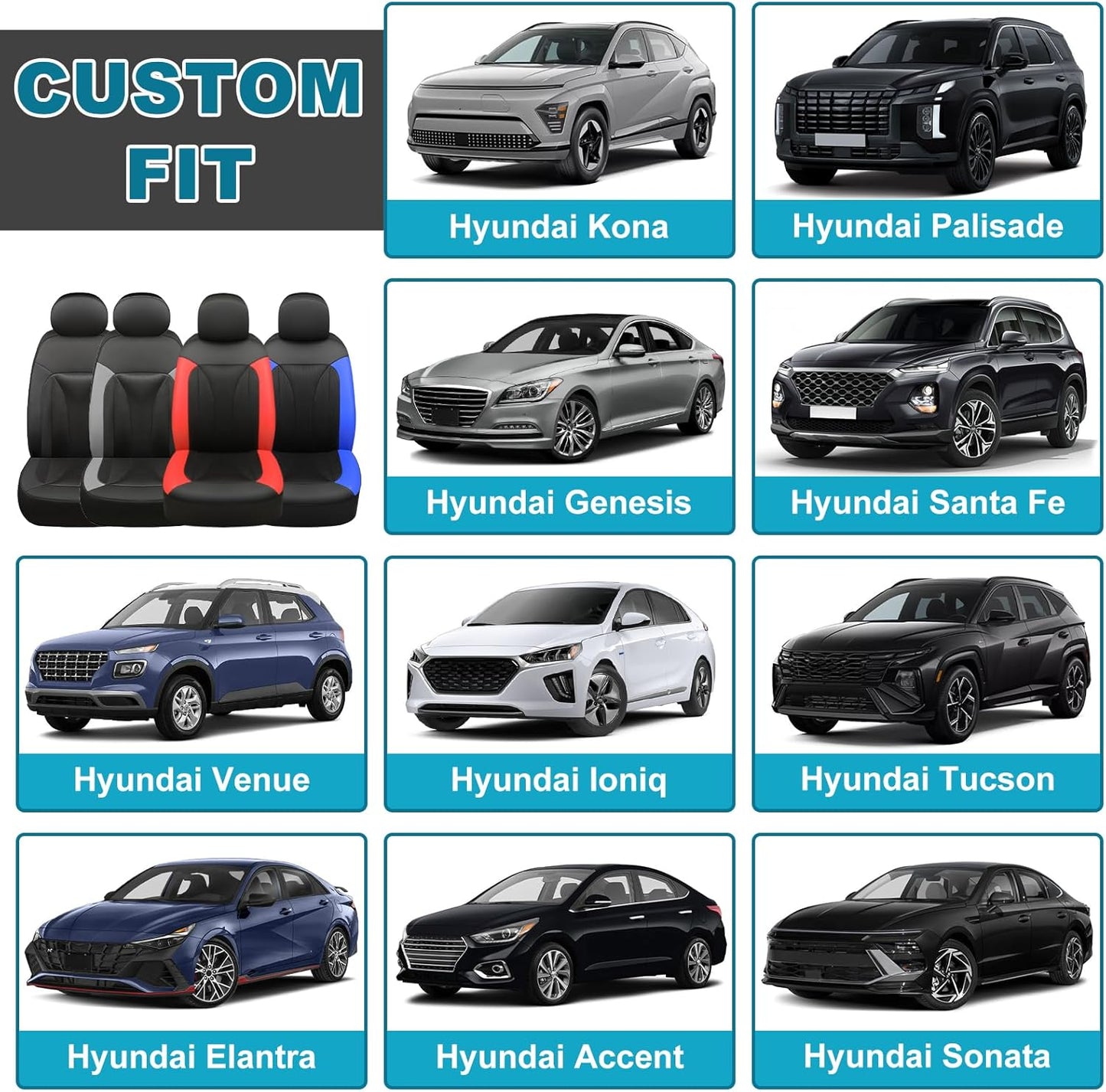 GIANT PANDA 2 Front Leather Car Seat Cover for Hyundai,3D Air Cool Mesh Thick Seat Covers Custom Fit Hyundai Sonata Elantra Santa Fe Tucson Accent Kona Palisade Genesis Venue Ioniq (Red+Black)