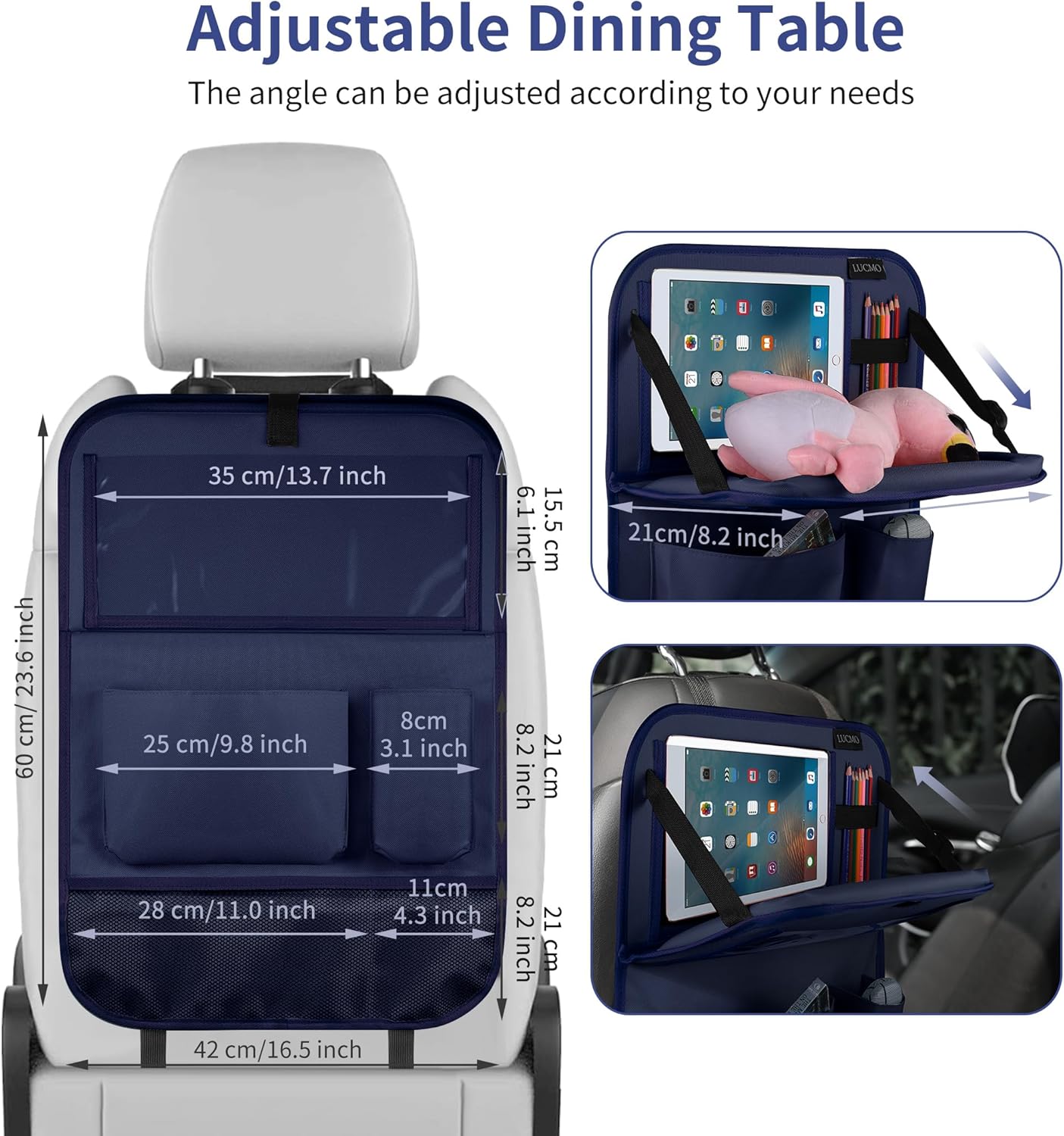 LUCMO Car Backseat Organizer with Tablet Holder-2 Pcs,6 Storage Pockets Car Storage Organizer with Foldable Food Tray,Protectors Kick Mats Travel Accessories-Dark Blue