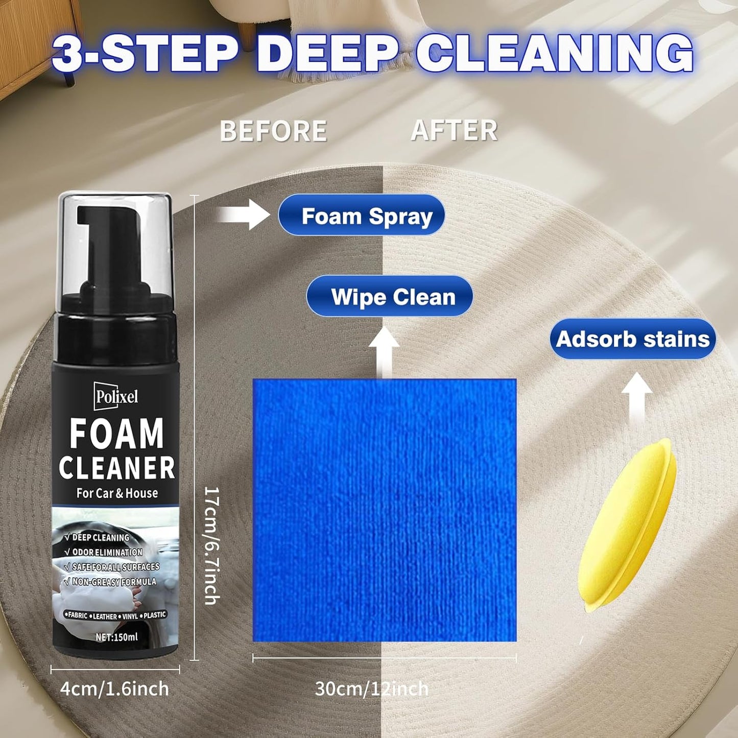 Multifunctional Foam Cleaner for Car - Car Interior Cleaner & Deep Stain Remover for Home, Powerful Foam Removes Dirt and Stains from Seat, Fabric and Carpets - 5oz / 150ml