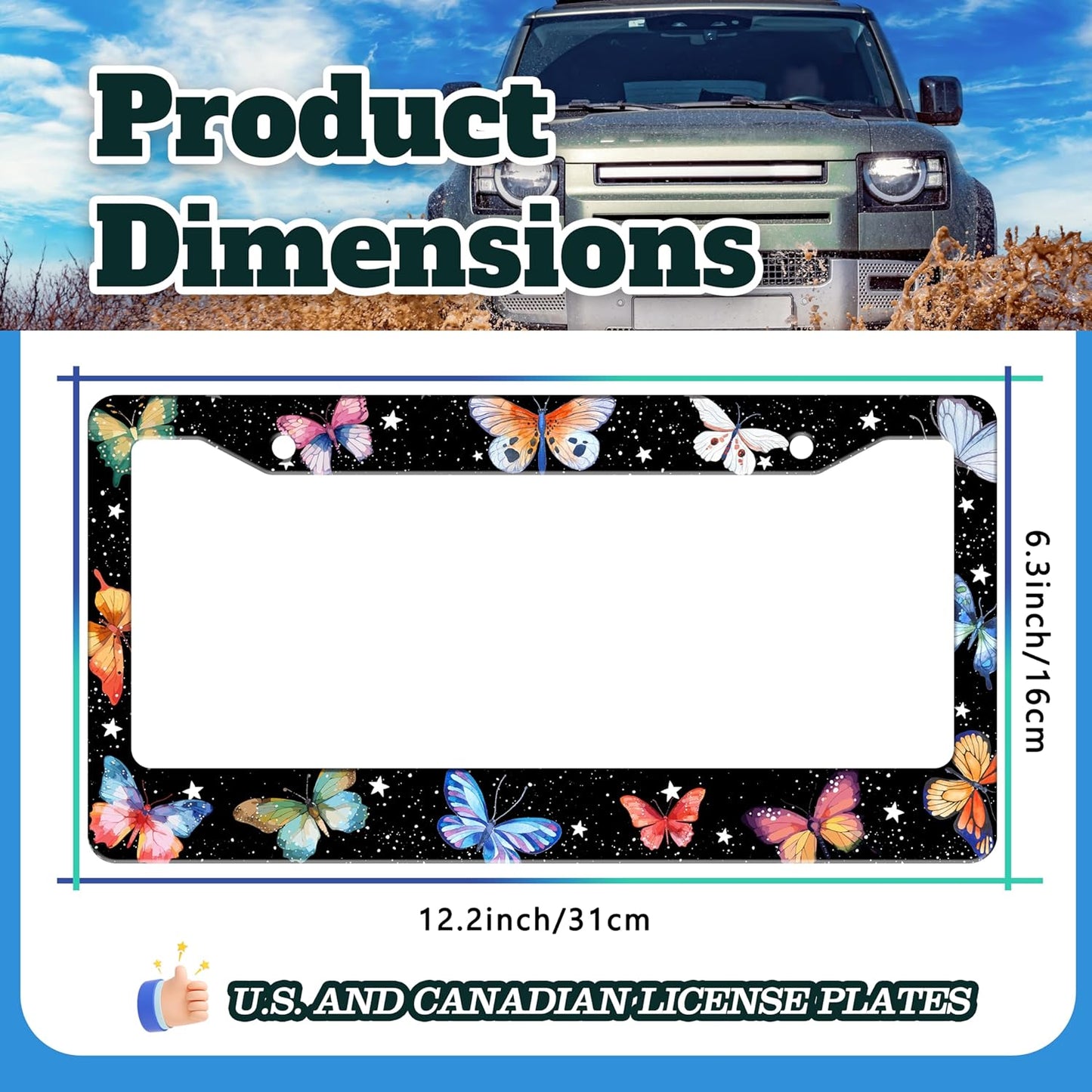 Beautiful Colorful Butterfly License Plate Frame Funny Watercolor License Plate Holder for Front or Rear Car Tags Stainless Steel Car Decoration with Screws 6.3 X 12.2 in