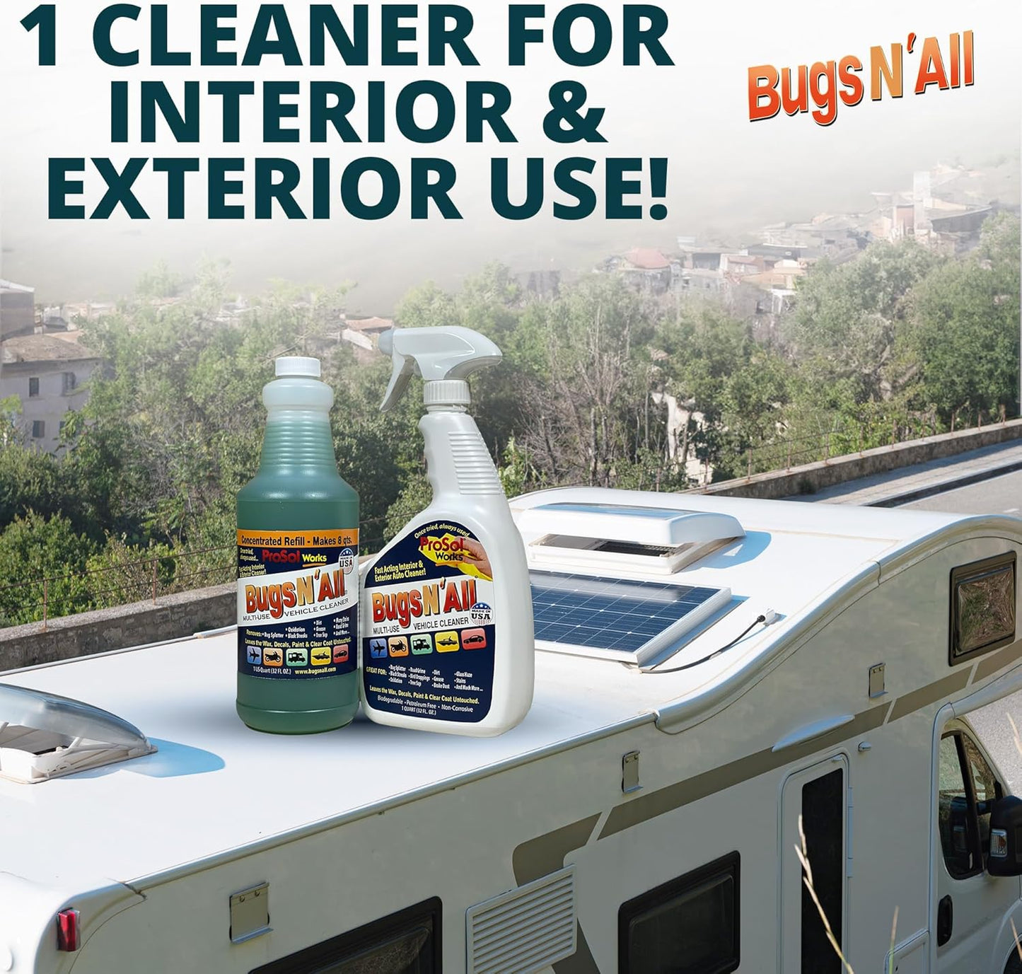 Bugs N’ All Multipurpose Car Cleaner & Degreaser - Bug & Tar Remover Concentrate 32 oz - Exterior Cleaner Safe for Car Paint, Metal, Chrome, Aluminum, Windows & Mirrors - w/Free 32 oz Spray Bottle