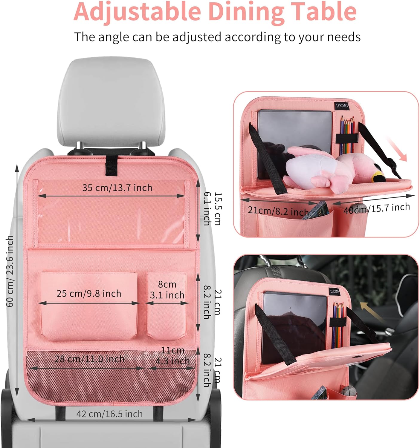 LUCMO Car Backseat Organizer with Tablet Holder-2 Pcs,6 Storage Pockets Car Storage Organizer with Foldable Food Tray,Protectors Kick Mats Travel Accessories-Pink