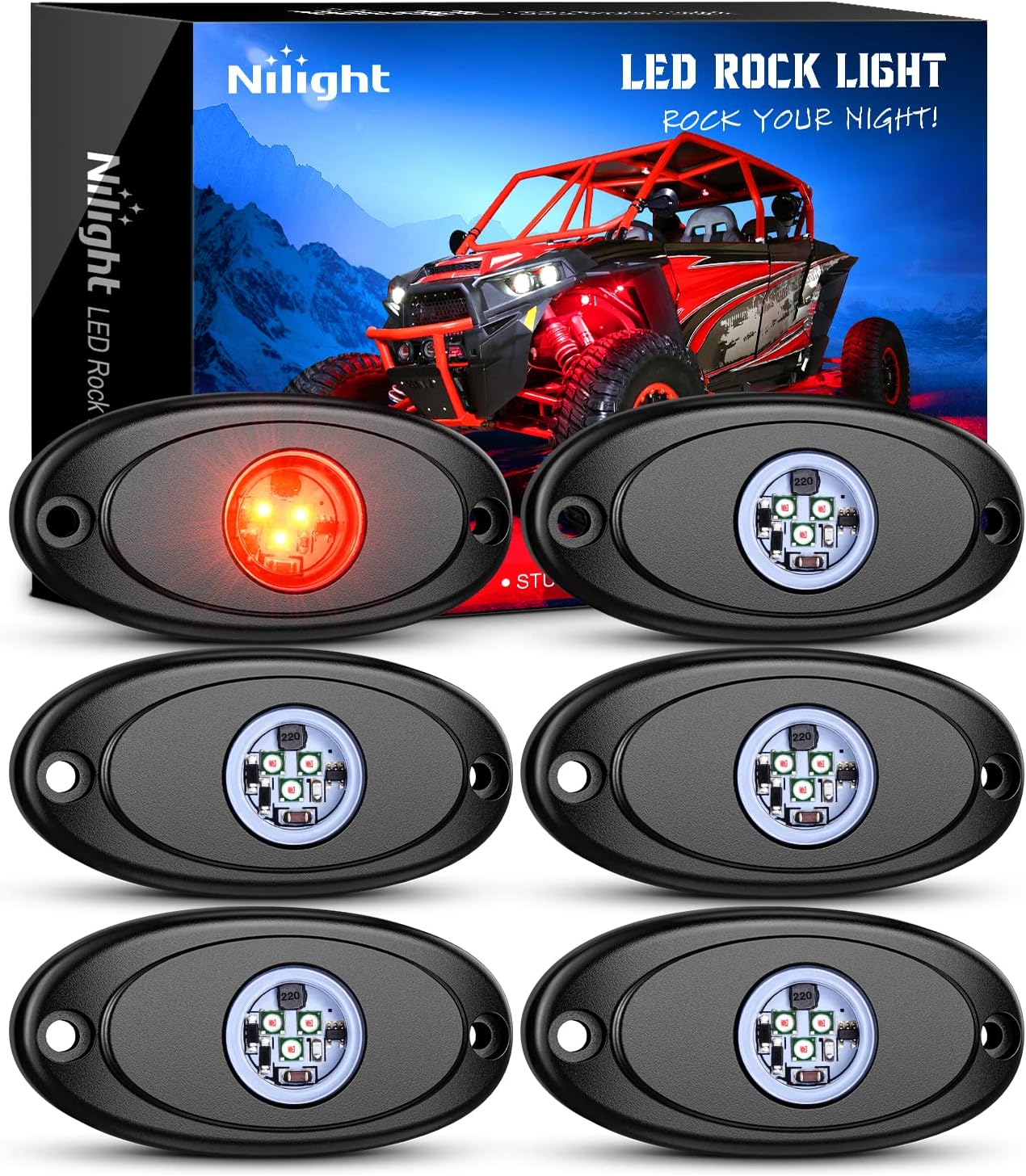 Nilight LED Rock Light 6PCS Underglow Wheel Well Pods Waterproof Exterior Underbody Roof Rack Side Lamps for Car Truck Pickups ATV UTV SUV Motorcycle Boat, Red Color