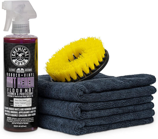 Chemical Guys HOL70016 Heavy Duty Floor Mat Cleaning Kit with Mat Renew Rubber + Vinyl Floor Mat cleaner and Protectant (16 fl oz), Drill Brush Attachment, & Workhorse Towels, 5 Item Kit