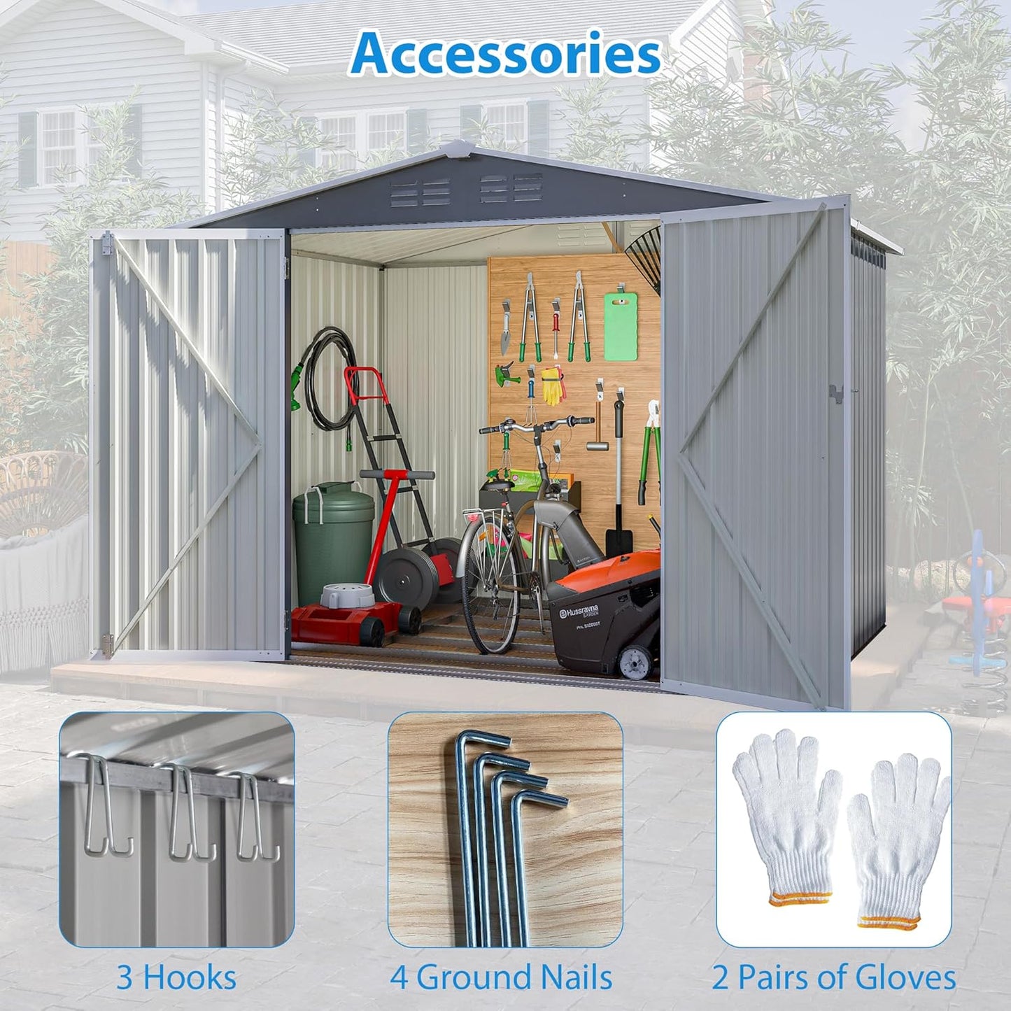 8 x 6 FT Outdoor Storage Metal Shed, Bike Garden Tool Shed with Slooping Roof, Lockable Doors and Aluminum Frames, Shed Easy to Assemble for Garden, Patio, Lawn, Grey