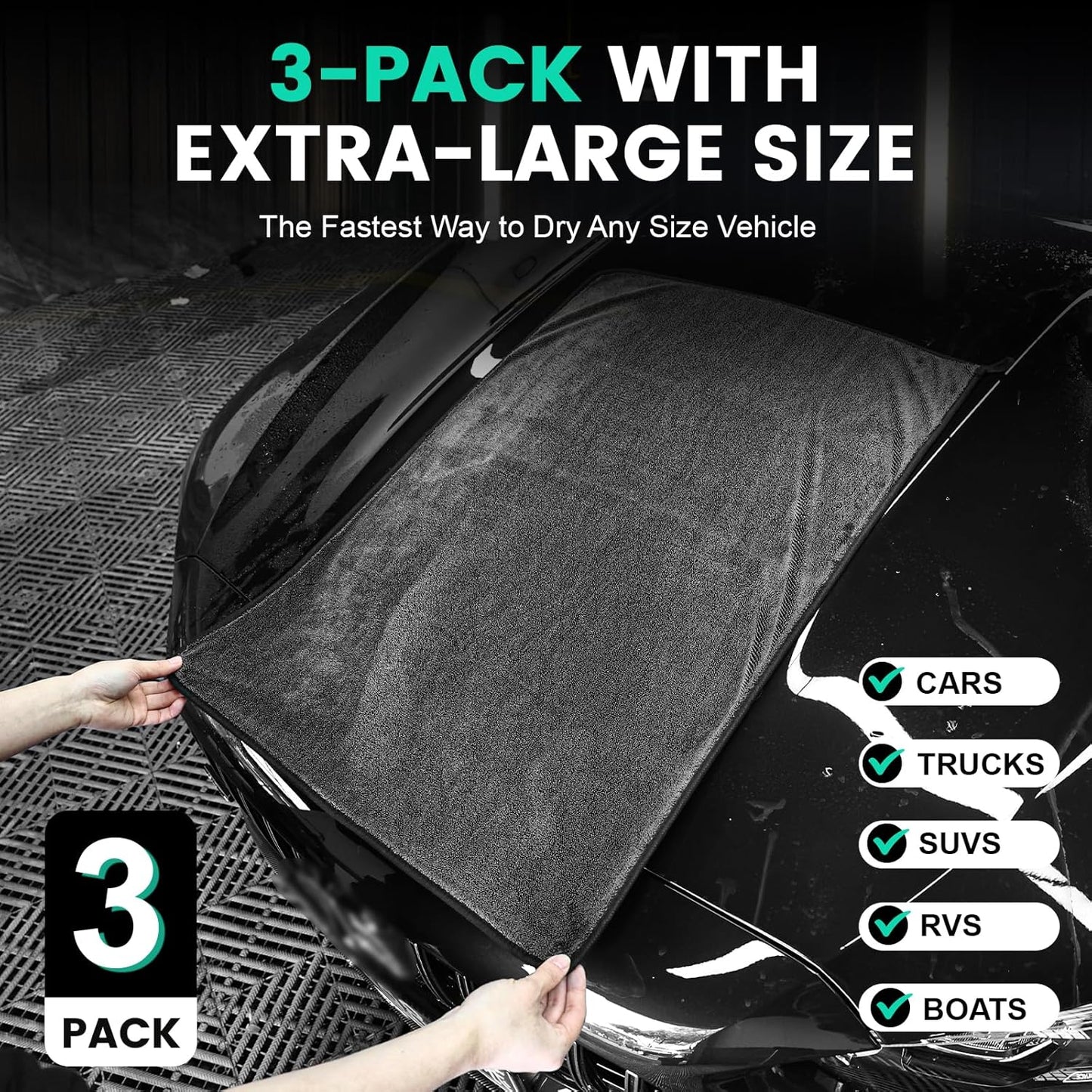 3-Pack Microfiber Towels for Cars (24" x 35"), Extra Large Super Absorbent Car Drying Towel, Drying Towel for Car & Trucks, Car Towels Drying with No Streaks & Scratches